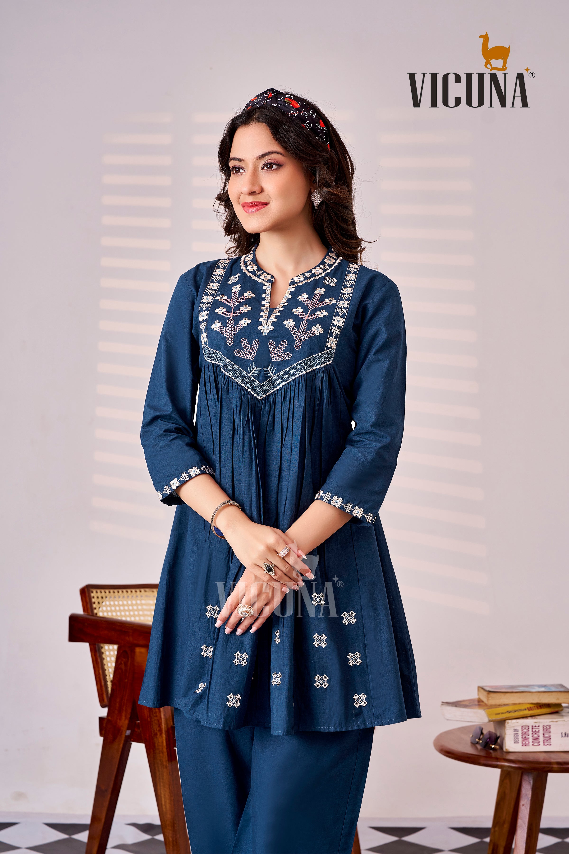 Vicuna Dhabu Cotton Short Co-ord Set in Chiku & Blue
