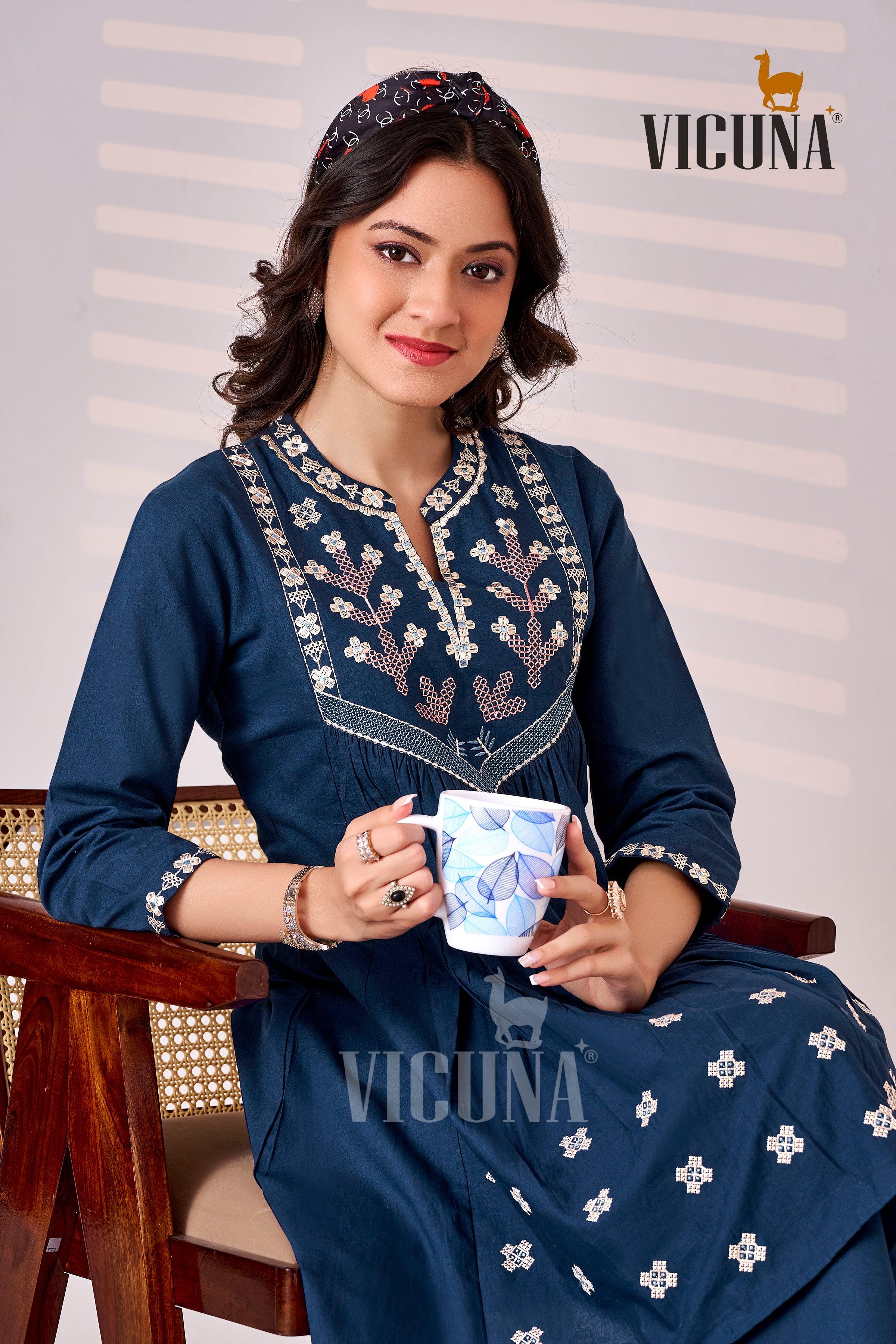 Vicuna Dhabu Cotton Short Co-ord Set in Chiku & Blue
