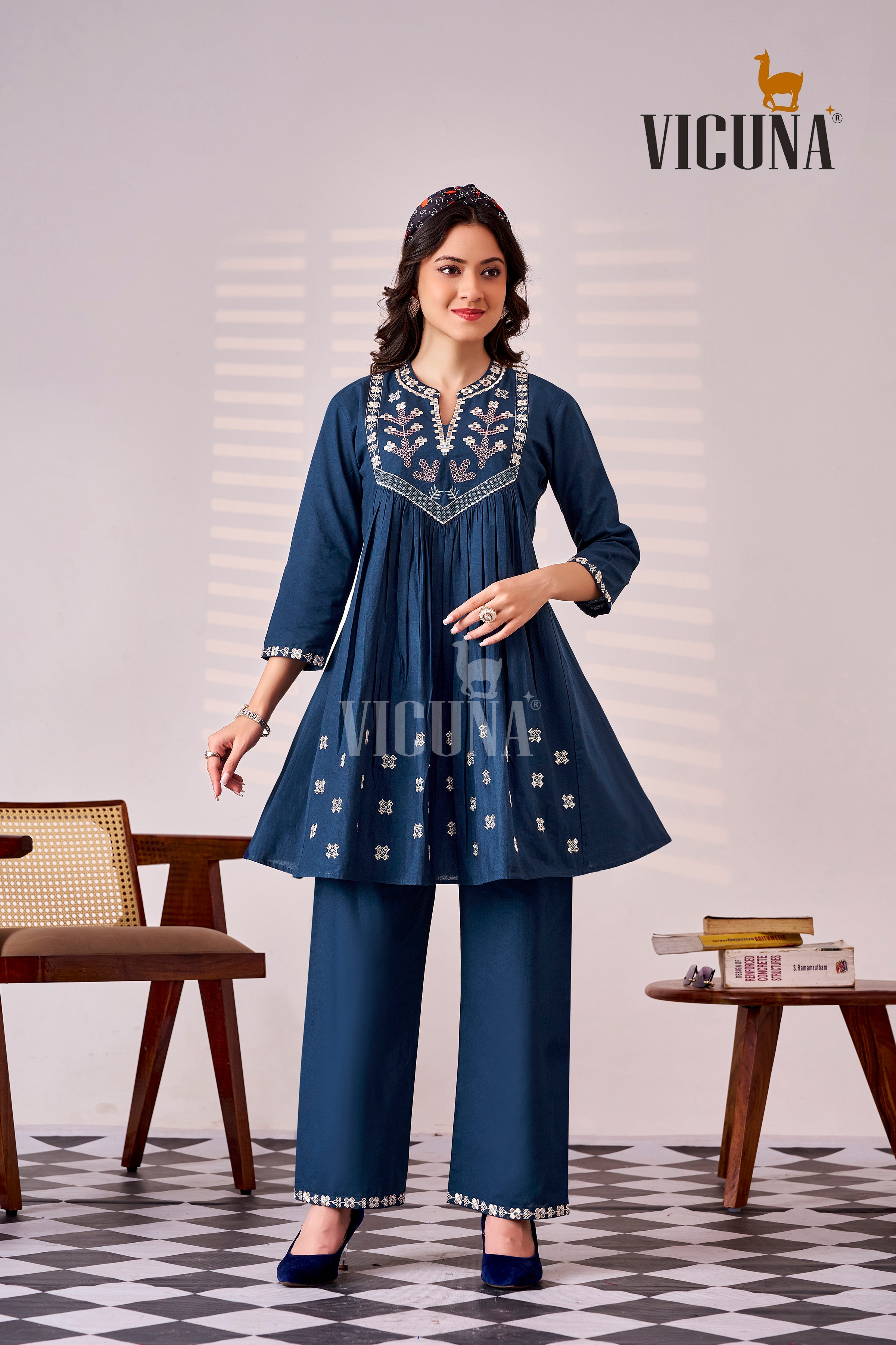 Vicuna Dhabu Cotton Short Co-ord Set in Chiku & Blue