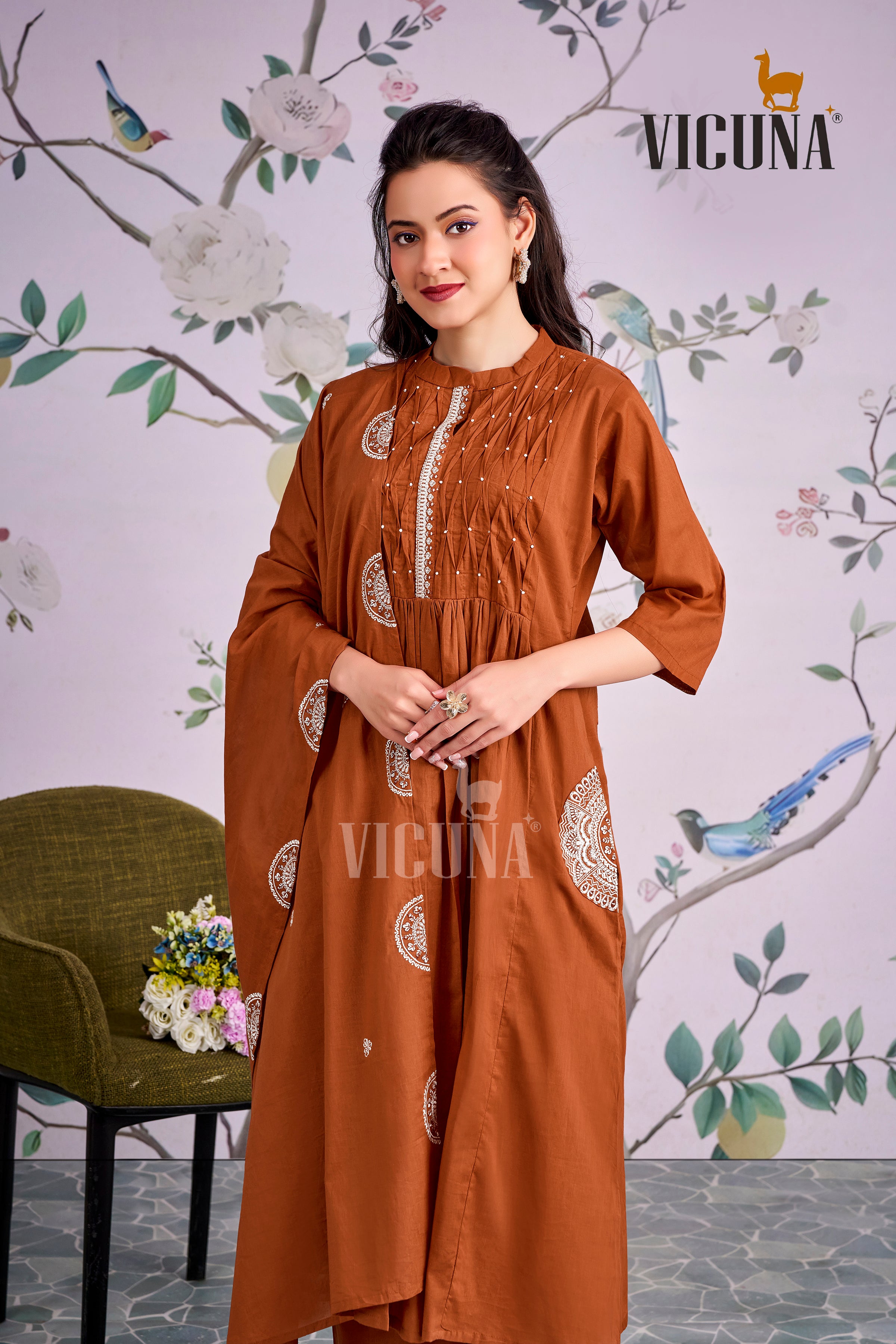 Pure Cotton Handcrafted Suit Set in Chocolate, Pink & Rust
