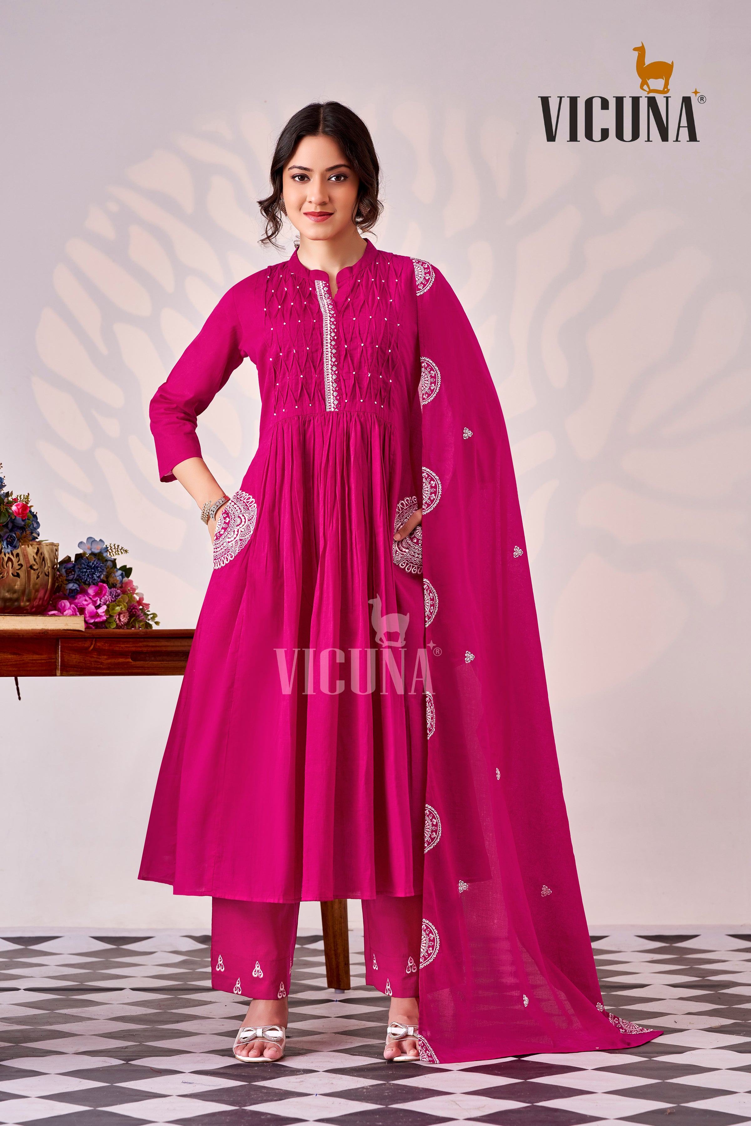 Pure Cotton Handcrafted Suit Set in Chocolate, Pink & Rust