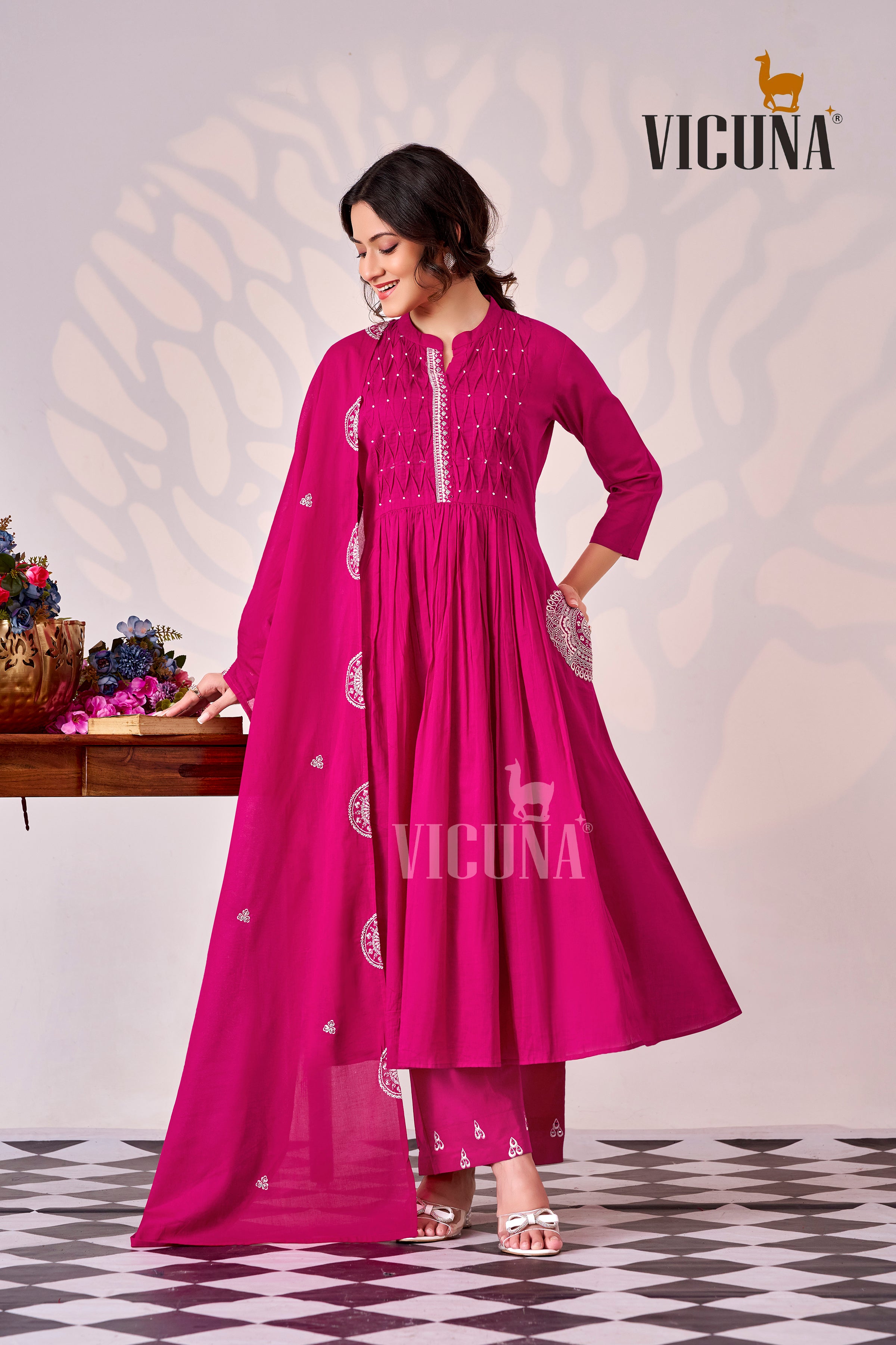 Pure Cotton Handcrafted Suit Set in Chocolate, Pink & Rust