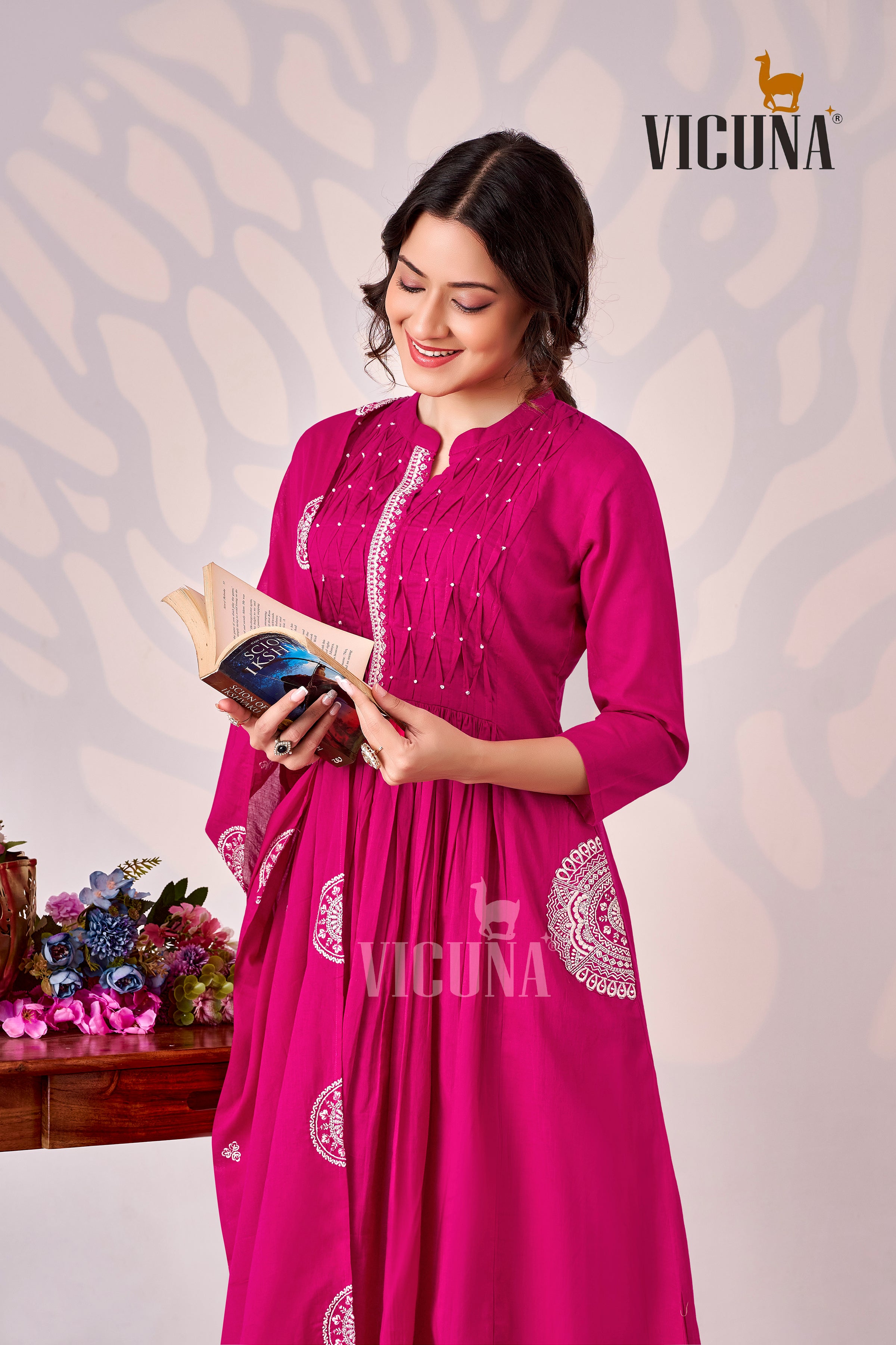 Pure Cotton Handcrafted Suit Set in Chocolate, Pink & Rust