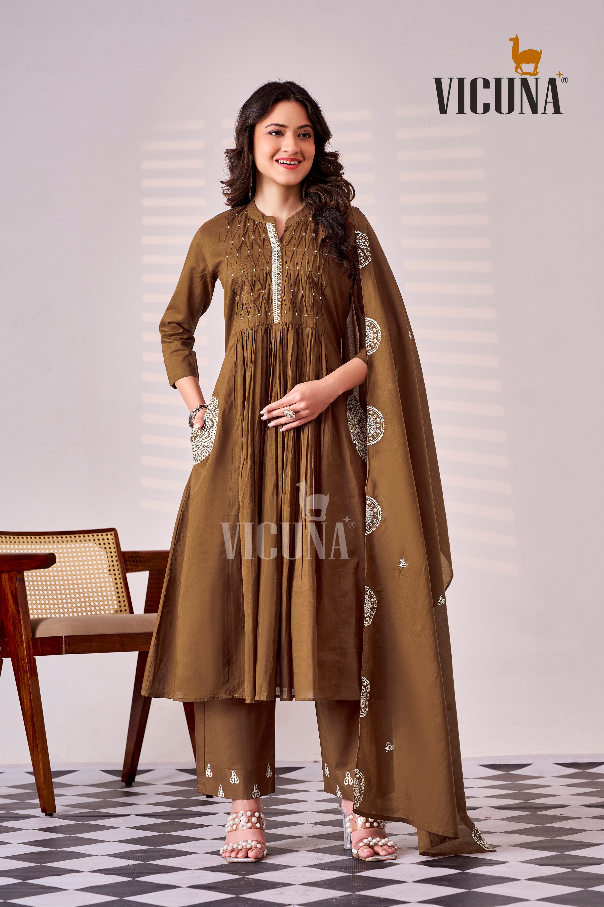 Pure Cotton Handcrafted Suit Set in Chocolate, Pink & Rust