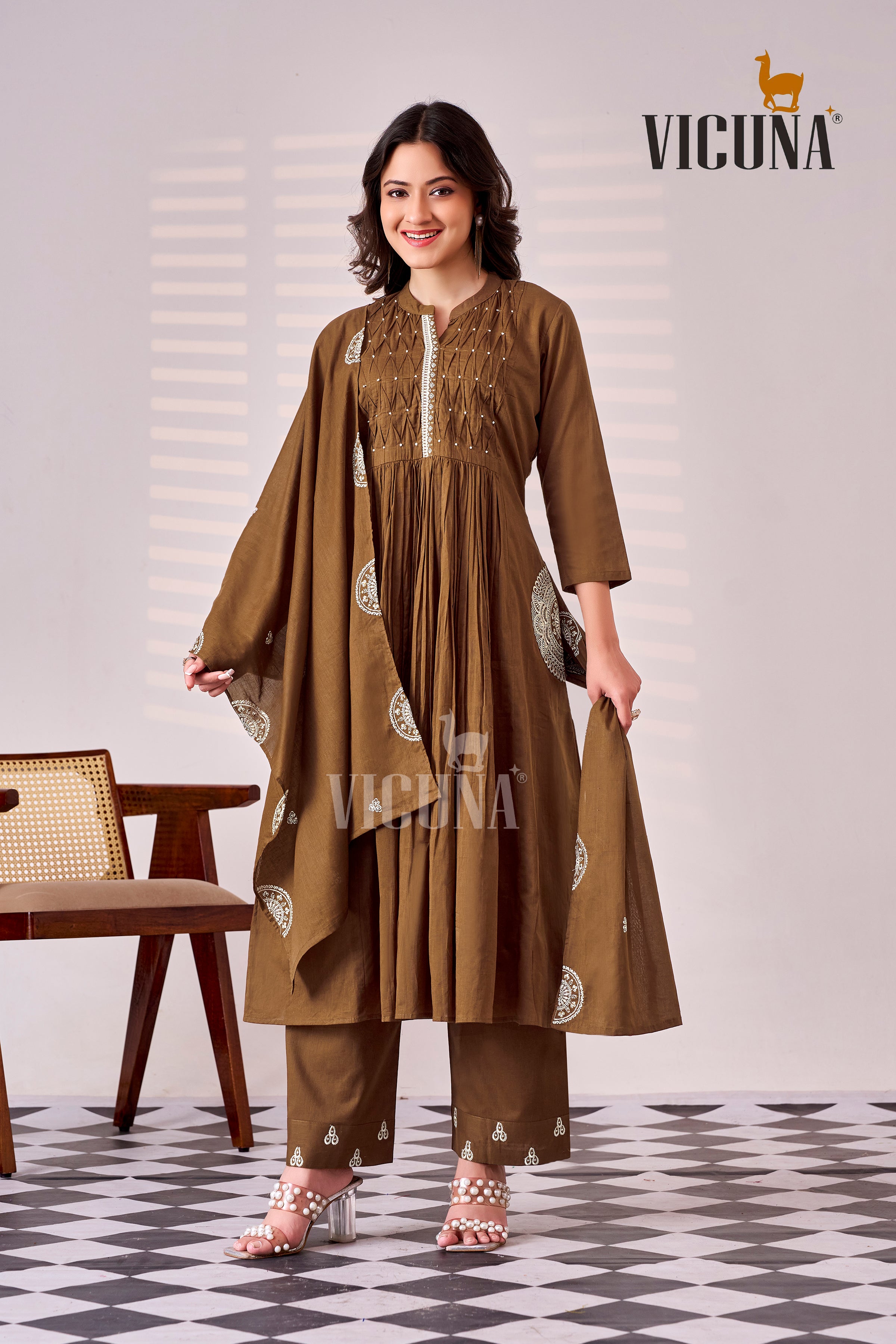 Pure Cotton Handcrafted Suit Set in Chocolate, Pink & Rust