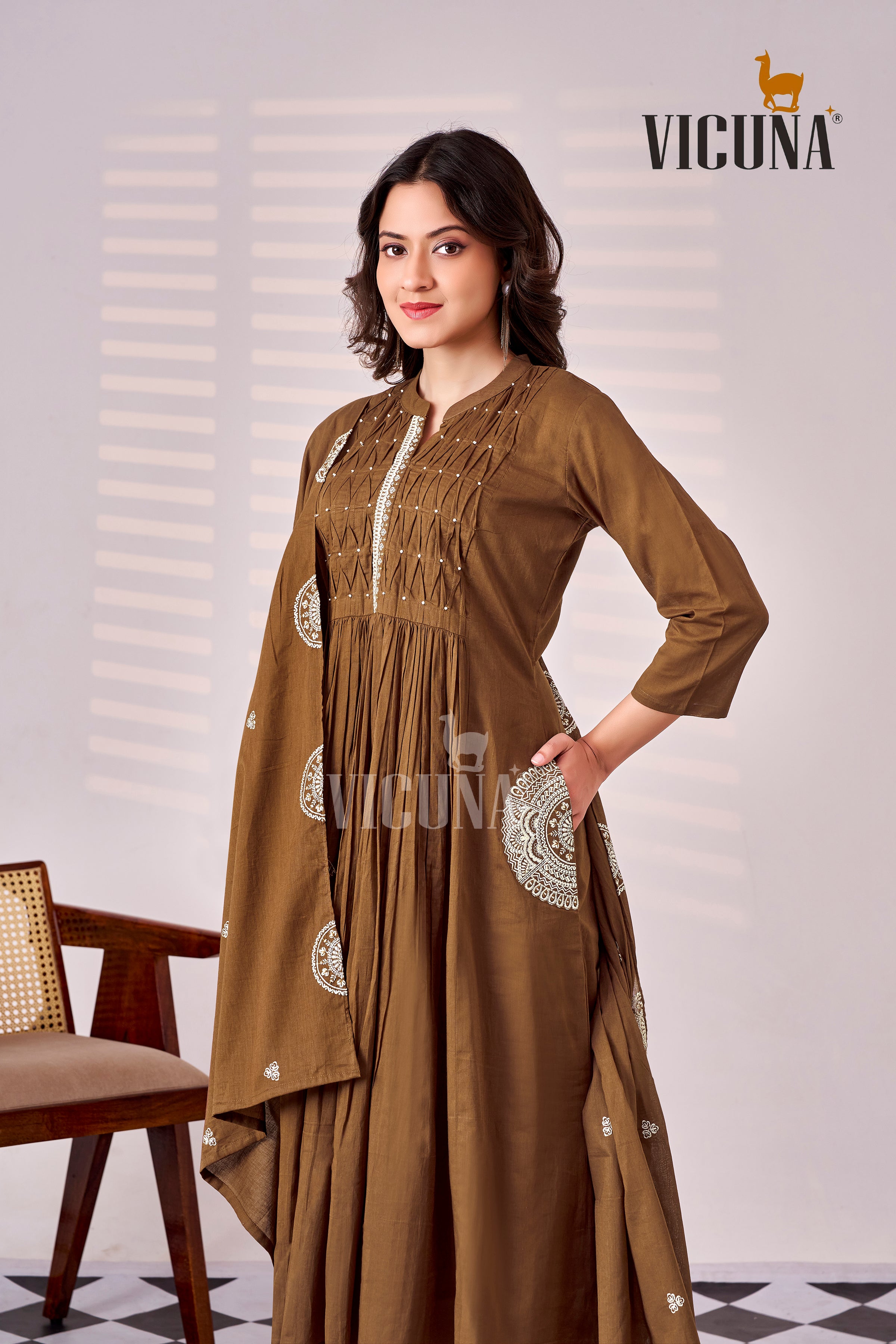 Pure Cotton Handcrafted Suit Set in Chocolate, Pink & Rust