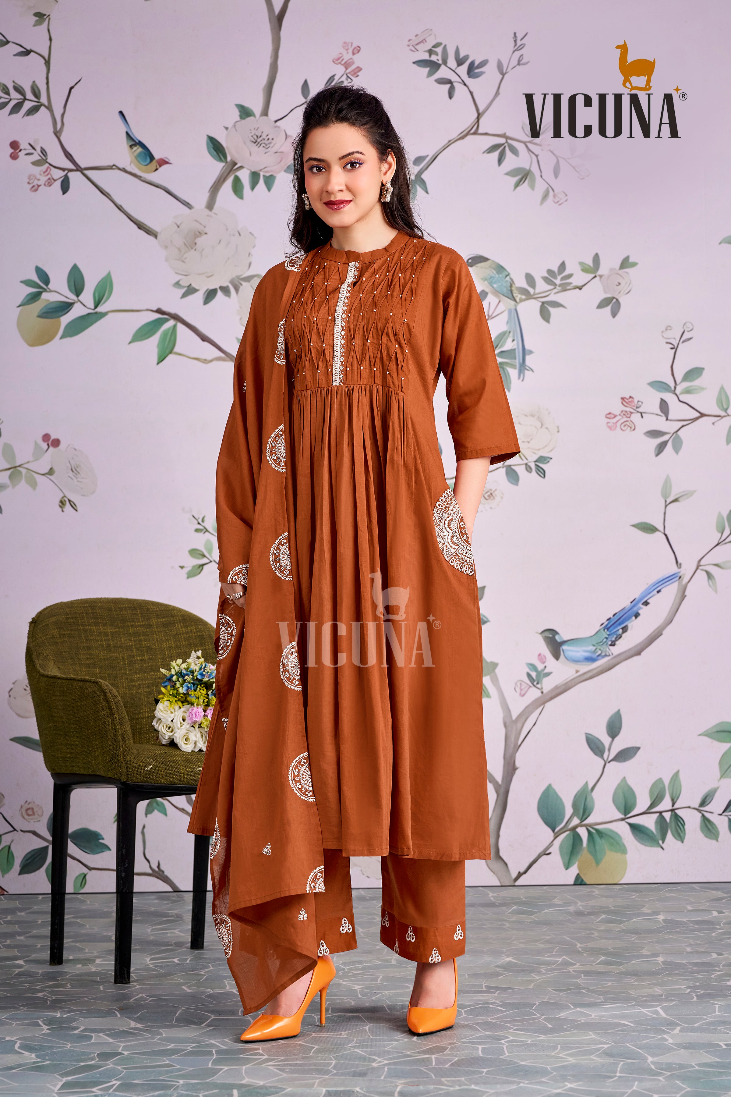 Pure Cotton Handcrafted Suit Set in Chocolate, Pink & Rust