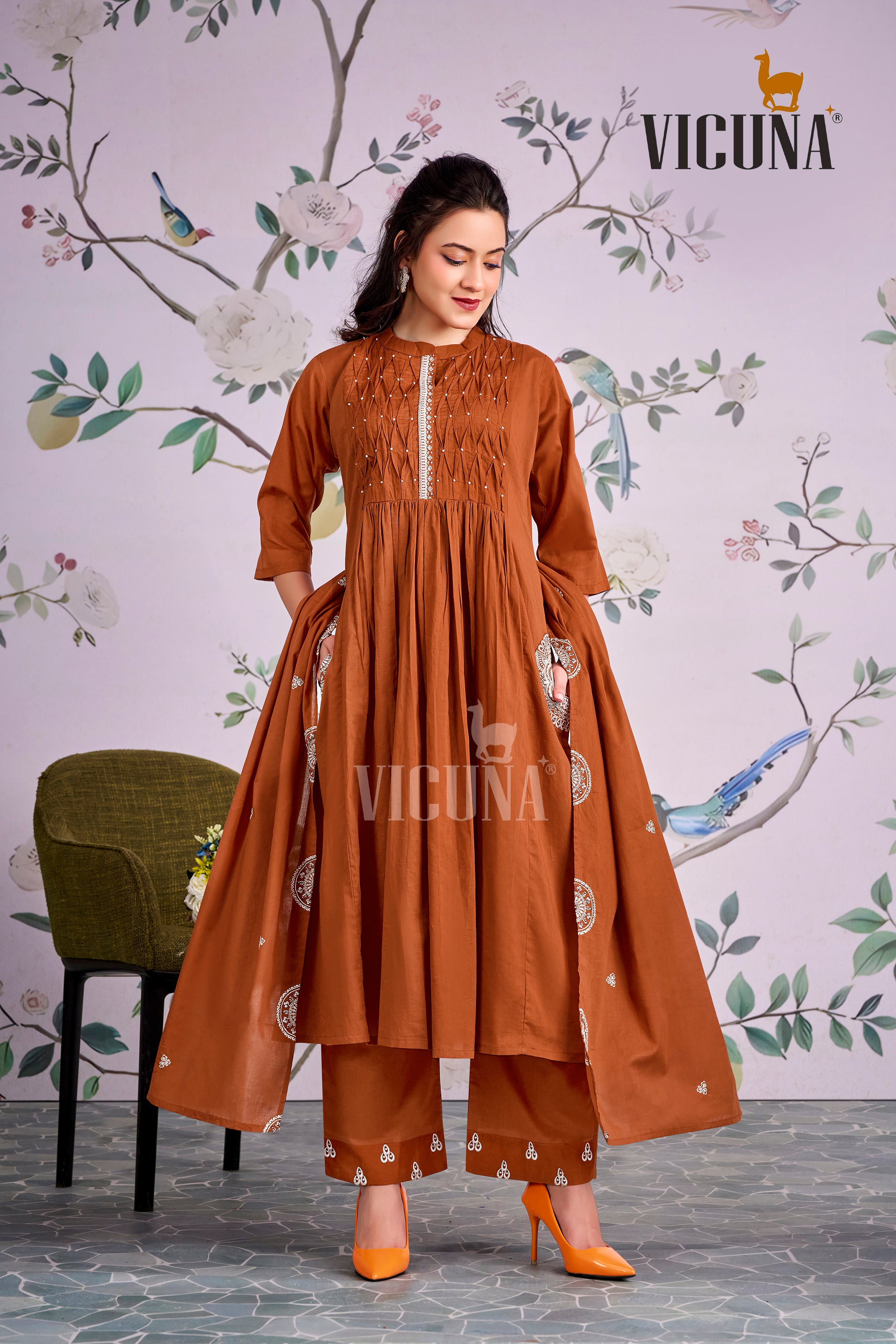 Pure Cotton Handcrafted Suit Set in Chocolate, Pink & Rust