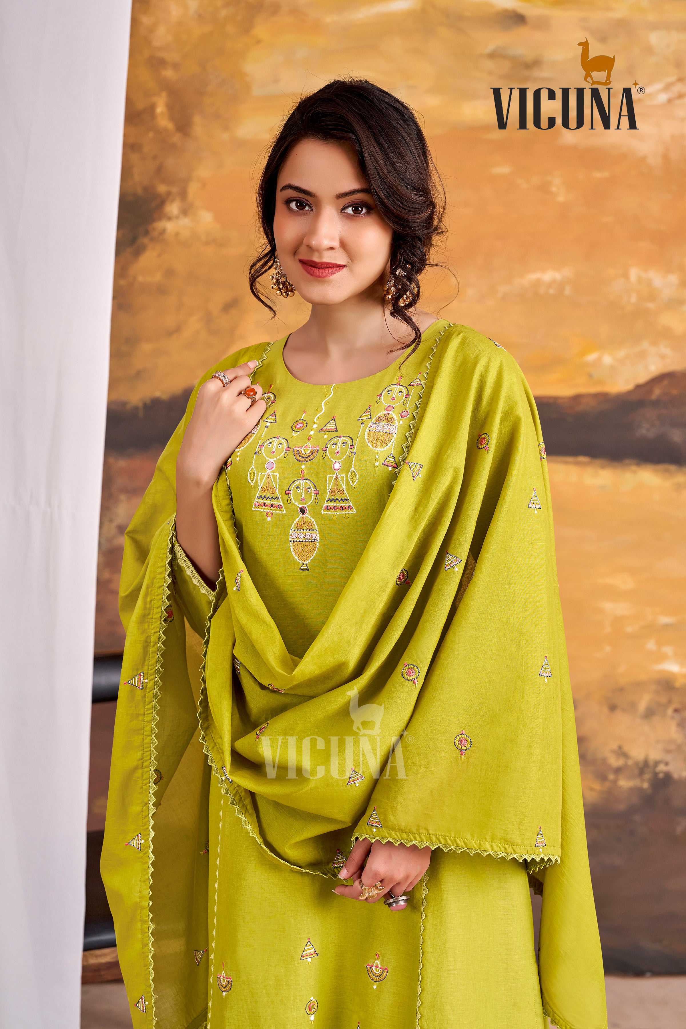 Pure Cotton A-Line Handcrafted Suit Set in Firozi, Purple & Lemon