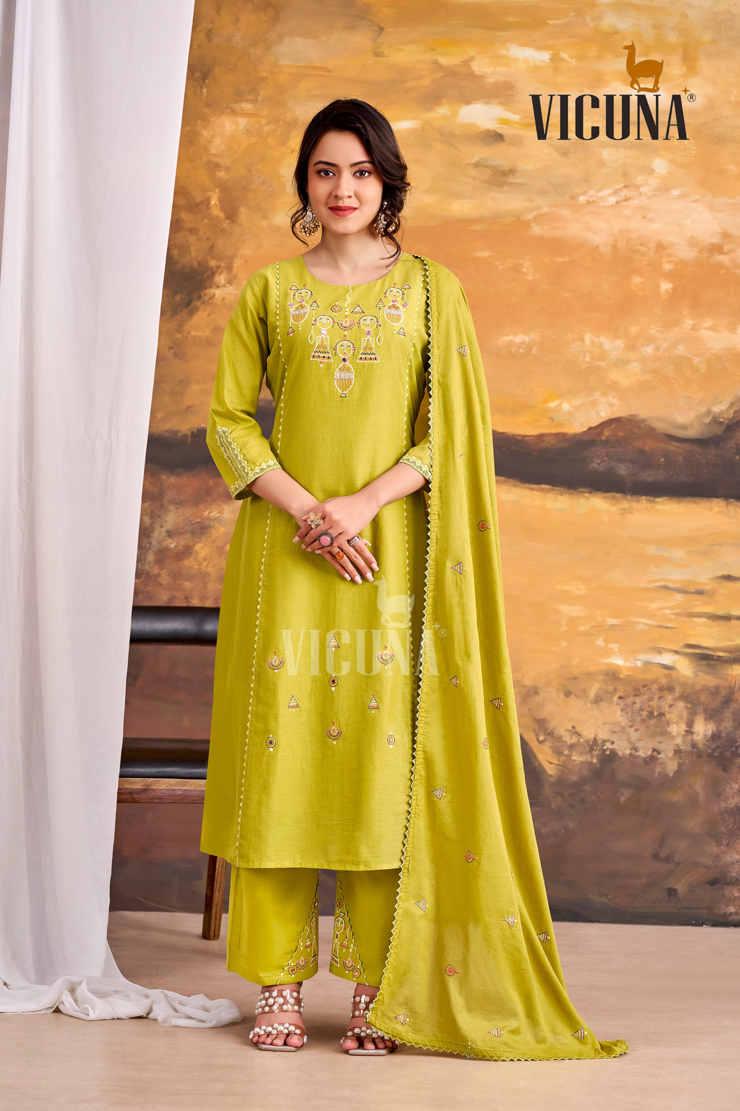 Pure Cotton A-Line Handcrafted Suit Set in Firozi, Purple & Lemon