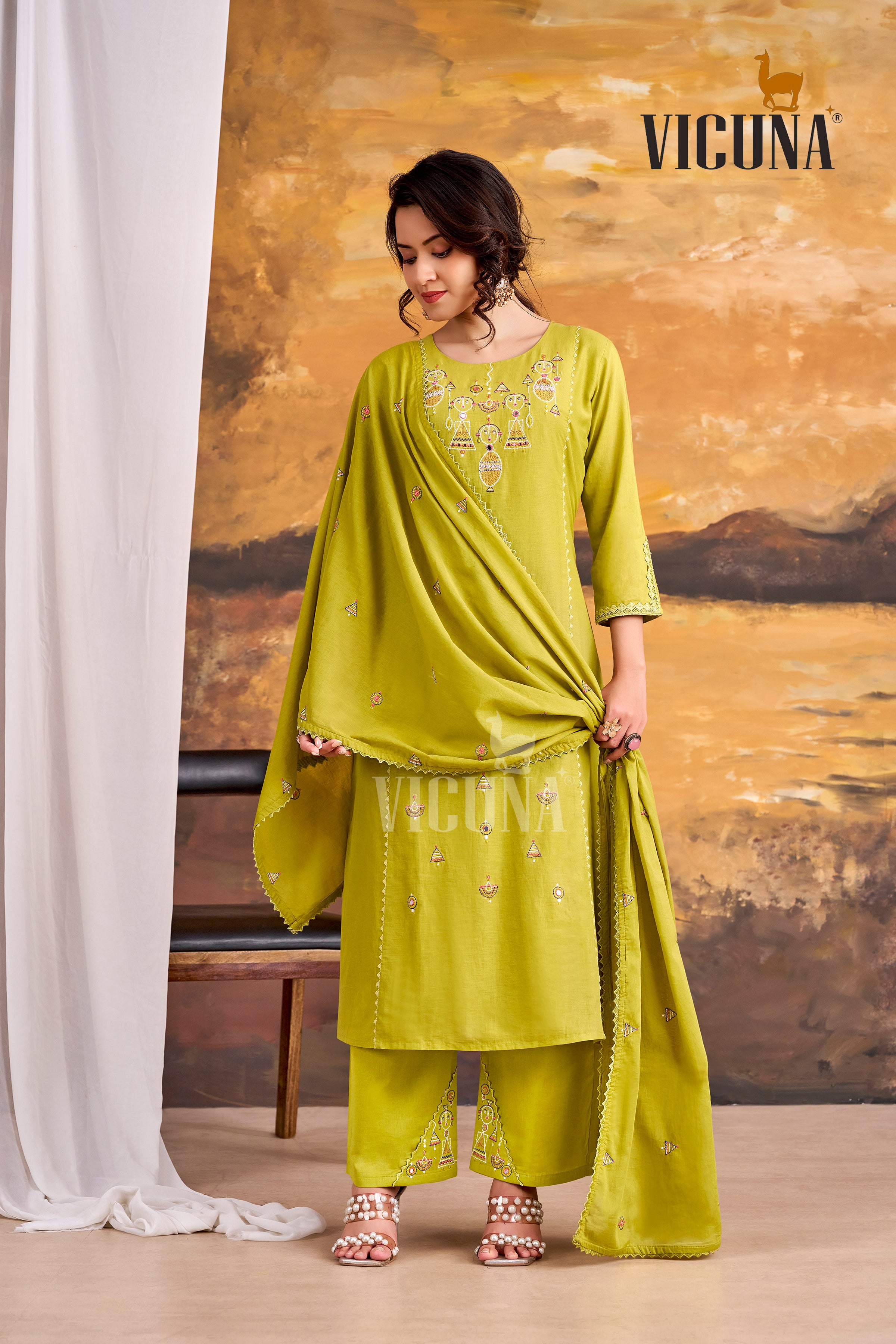 Pure Cotton A-Line Handcrafted Suit Set in Firozi, Purple & Lemon