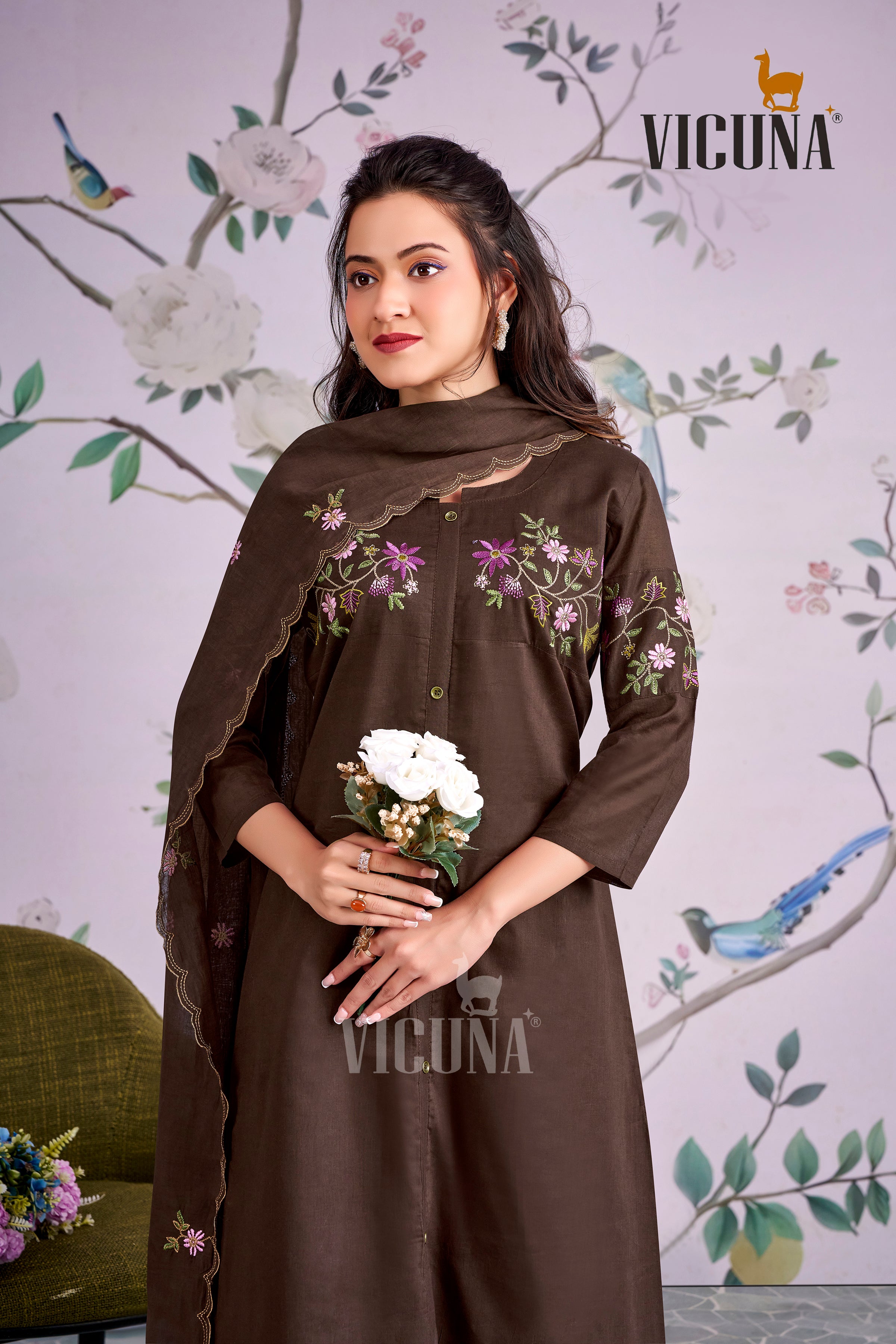 Coffee Pure Cotton A-Line Embroidered Suit Set