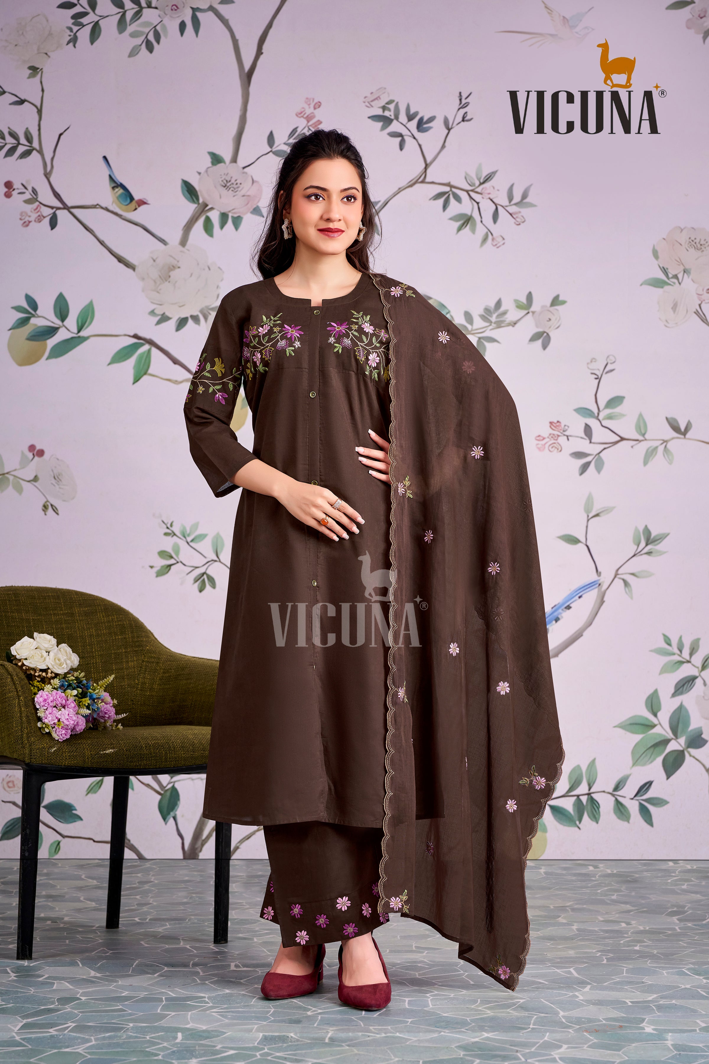 Coffee Pure Cotton A-Line Embroidered Suit Set
