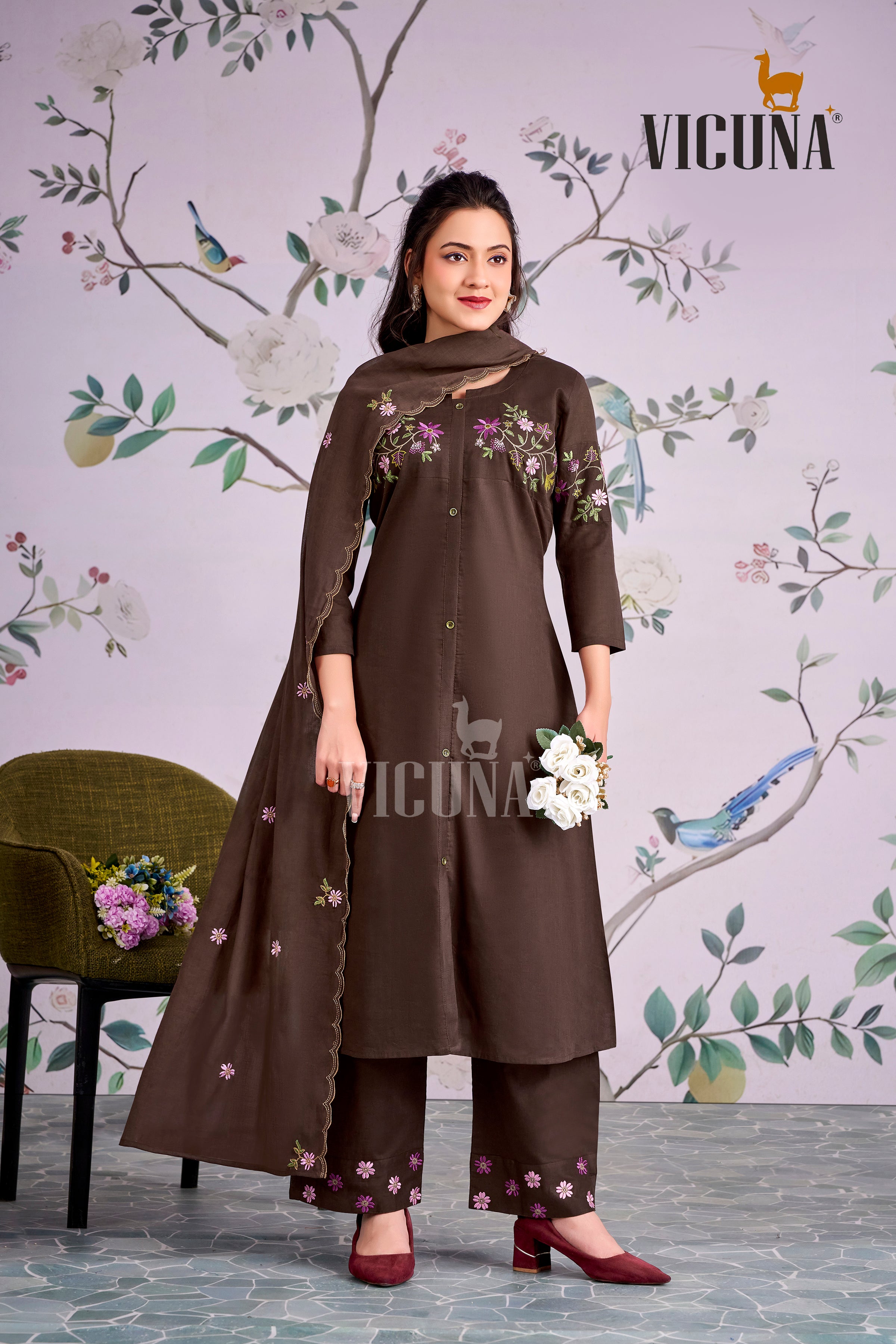 Coffee Pure Cotton A-Line Embroidered Suit Set