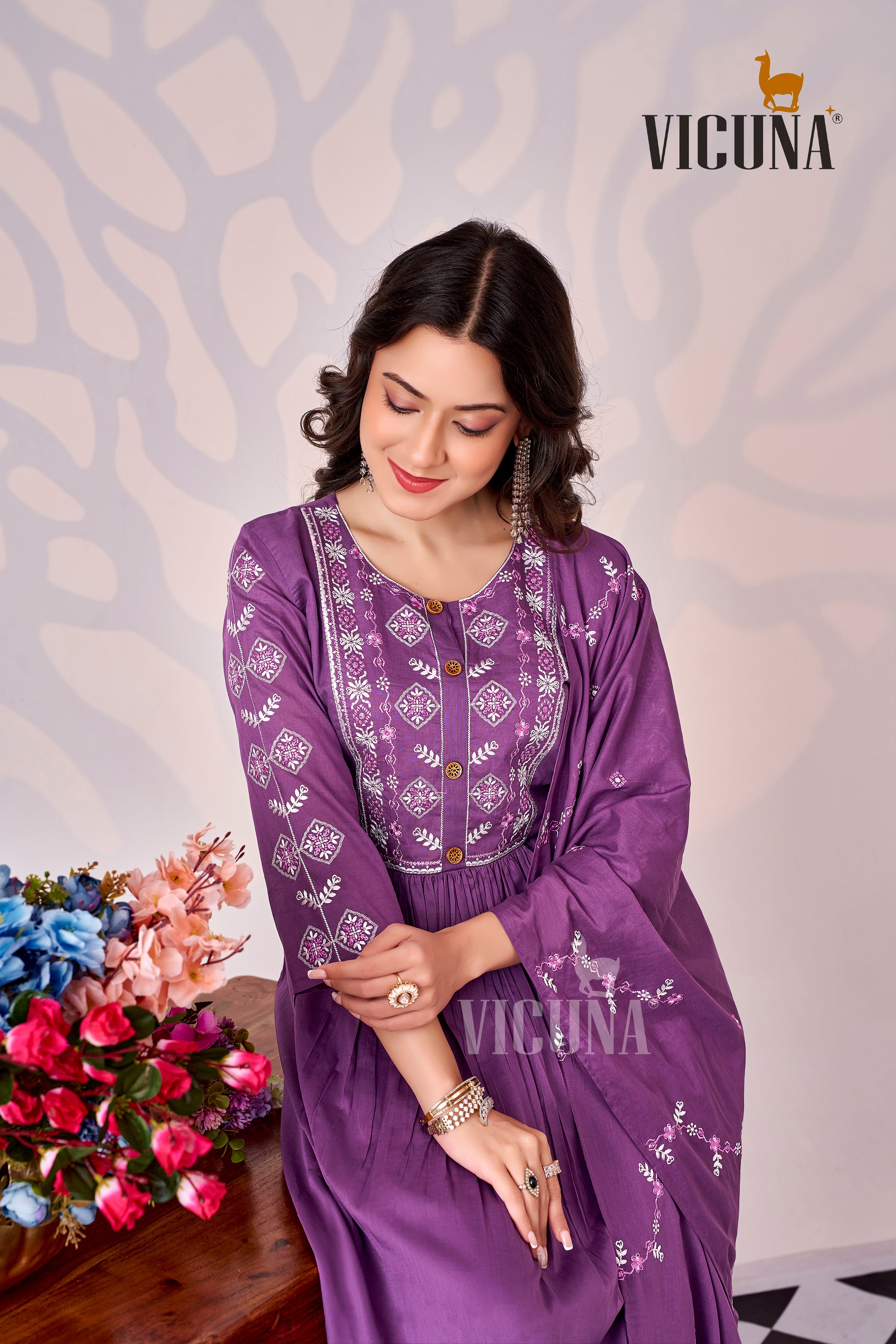 Pure Cotton Embroidered Suit Set with Pleated Detailing in Mustard & Purple