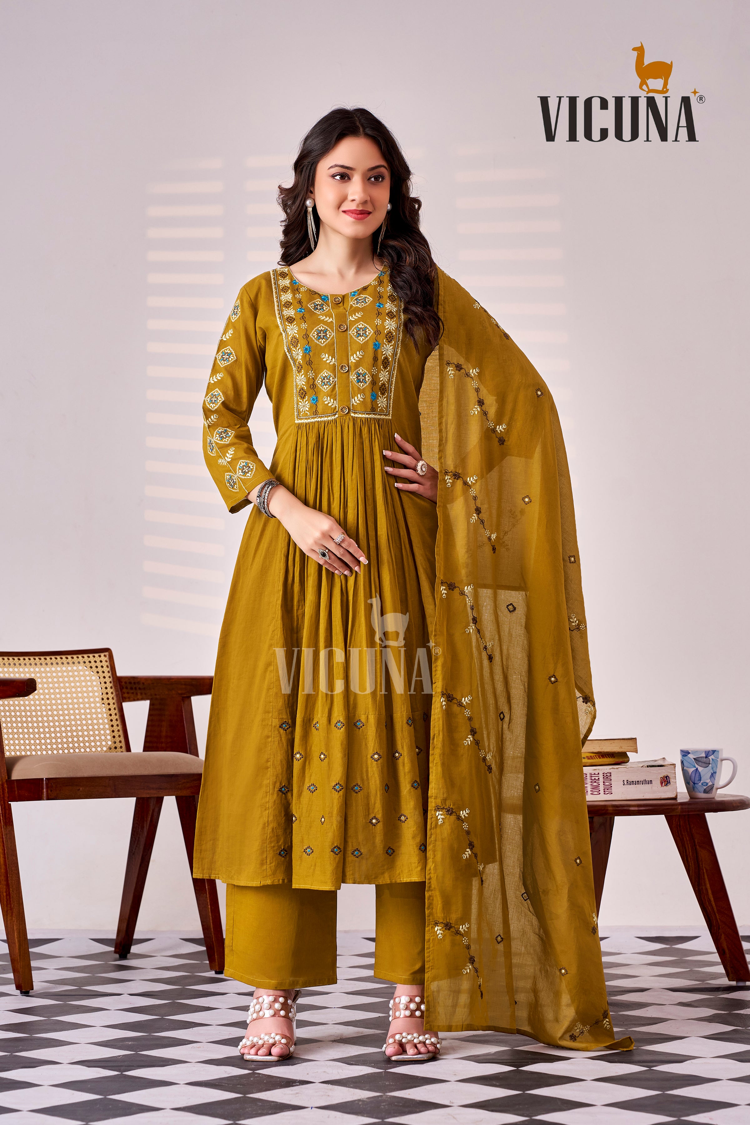 Pure Cotton Embroidered Suit Set with Pleated Detailing in Mustard & Purple