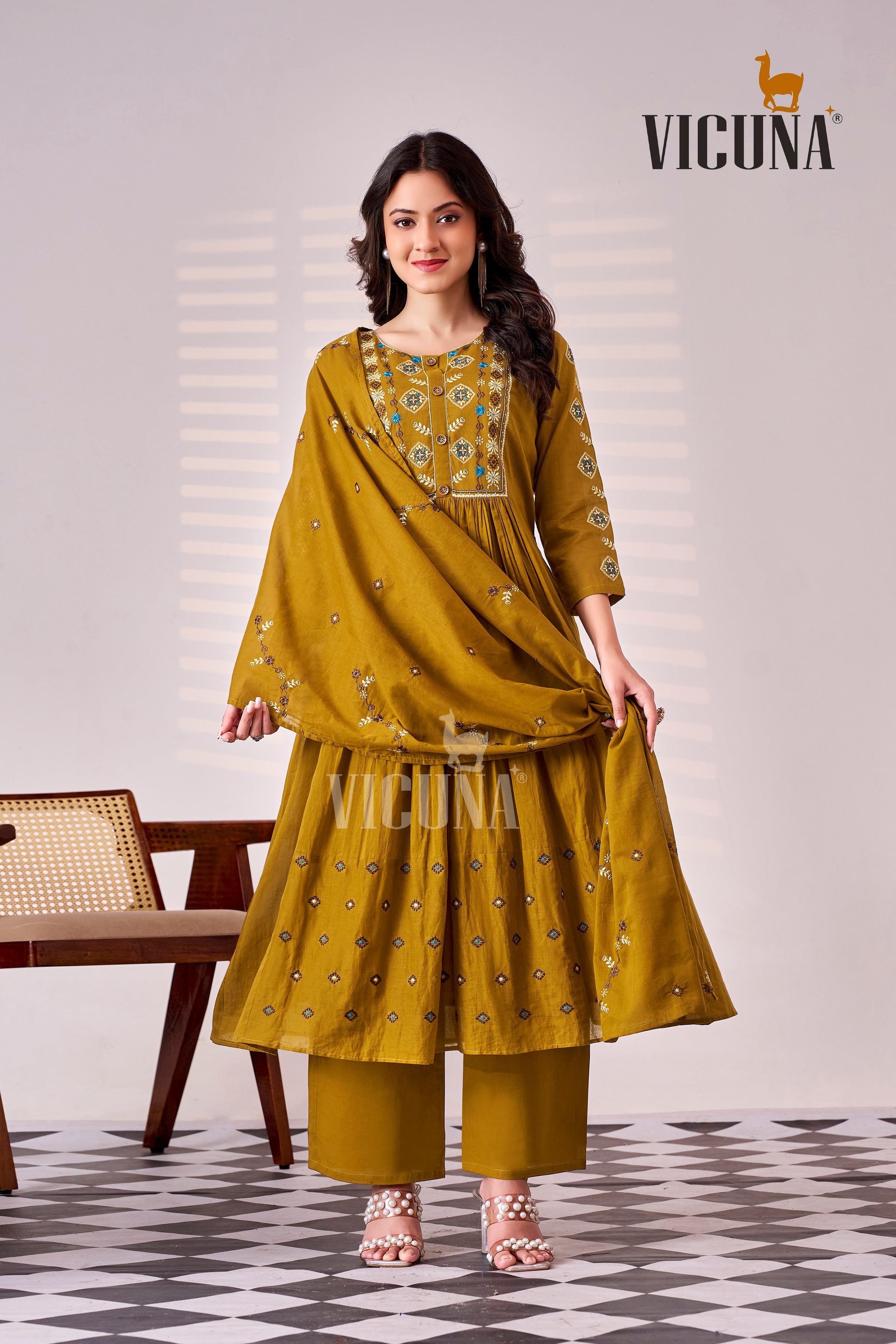 Pure Cotton Embroidered Suit Set with Pleated Detailing in Mustard & Purple