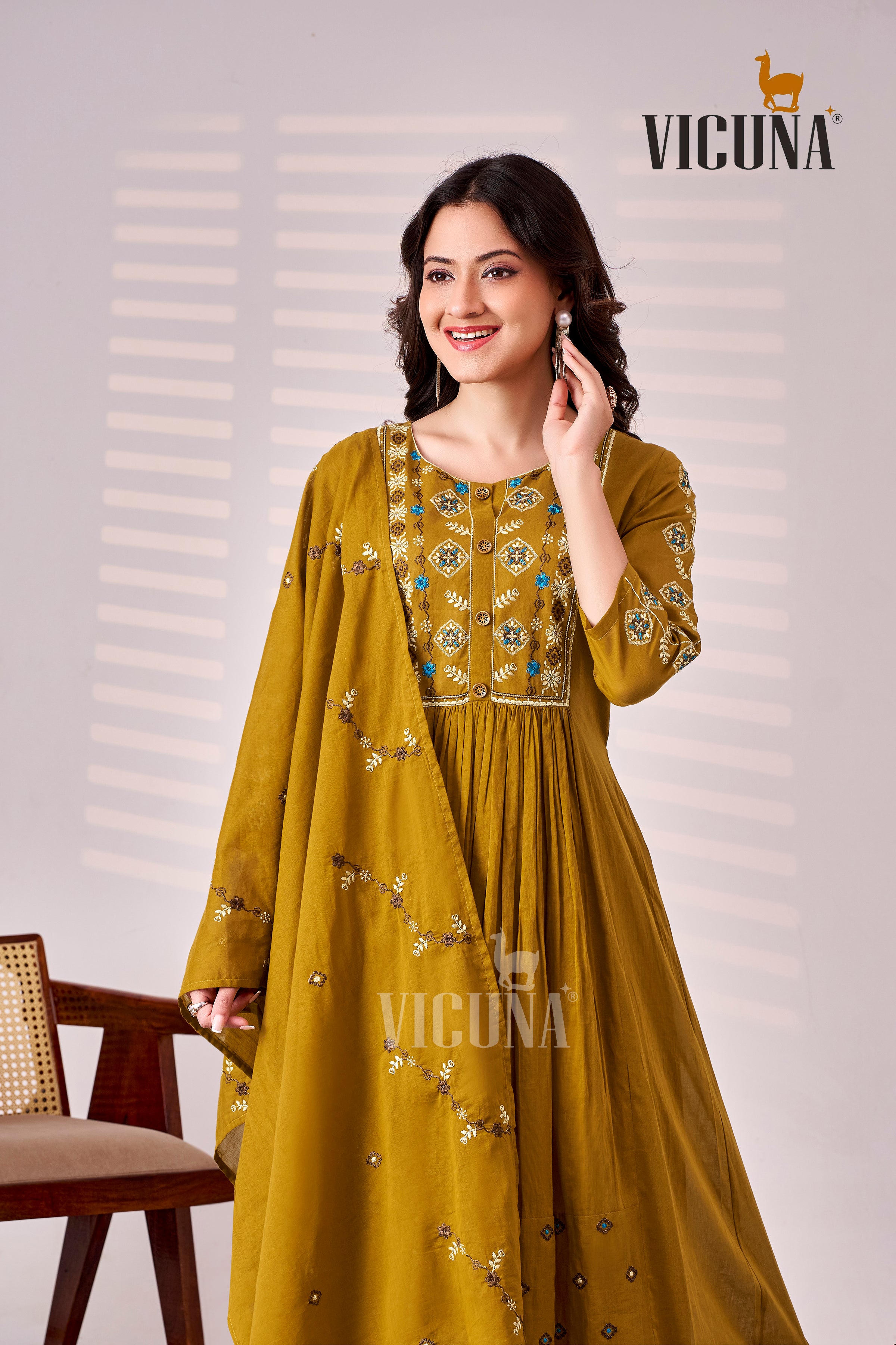 Pure Cotton Embroidered Suit Set with Pleated Detailing in Mustard & Purple