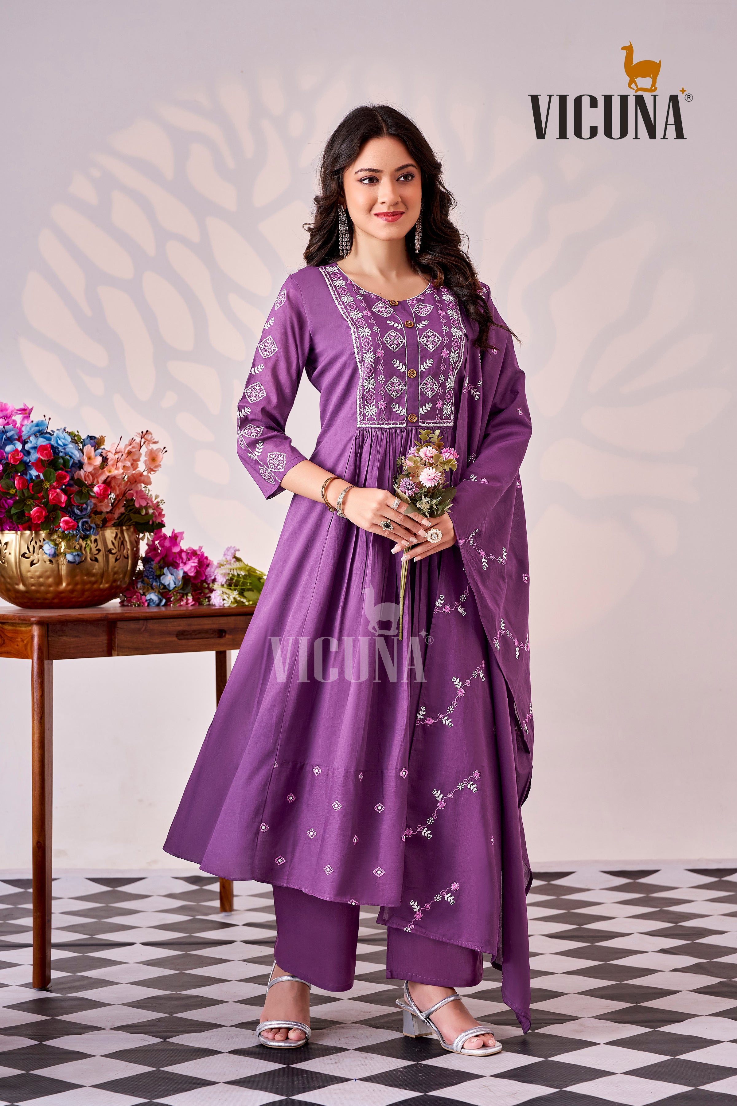 Pure Cotton Embroidered Suit Set with Pleated Detailing in Mustard & Purple