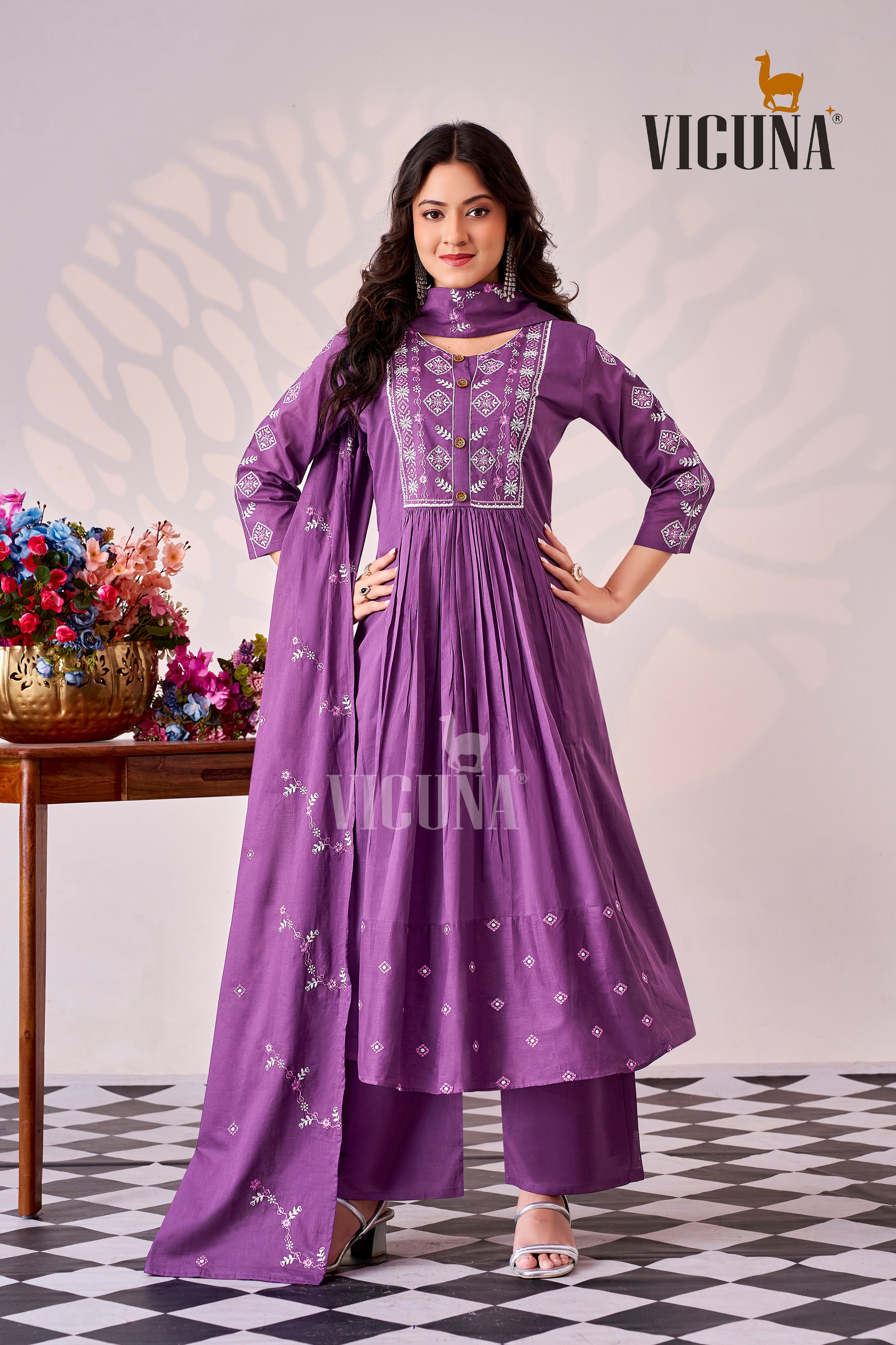 Pure Cotton Embroidered Suit Set with Pleated Detailing in Mustard & Purple