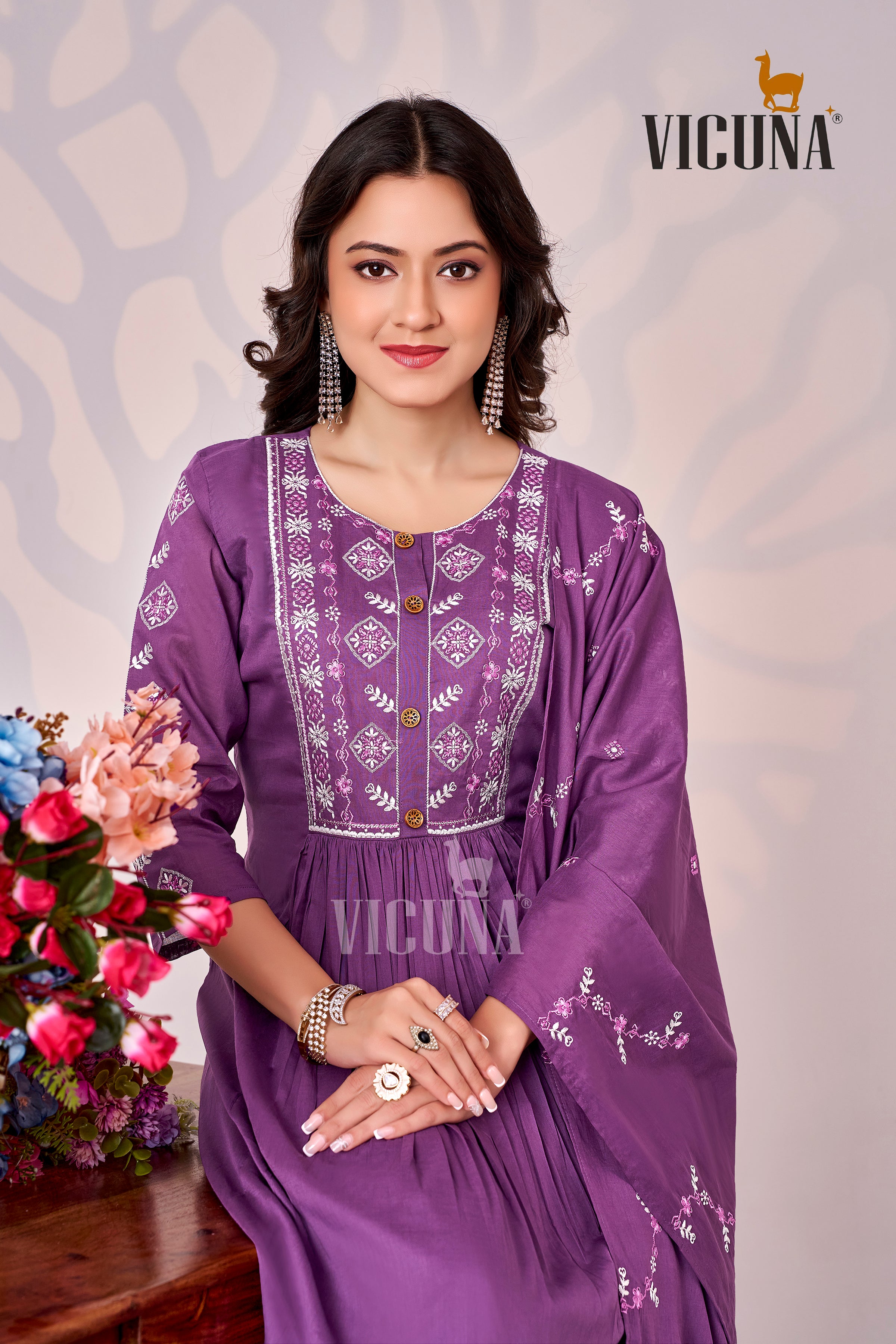 Pure Cotton Embroidered Suit Set with Pleated Detailing in Mustard & Purple
