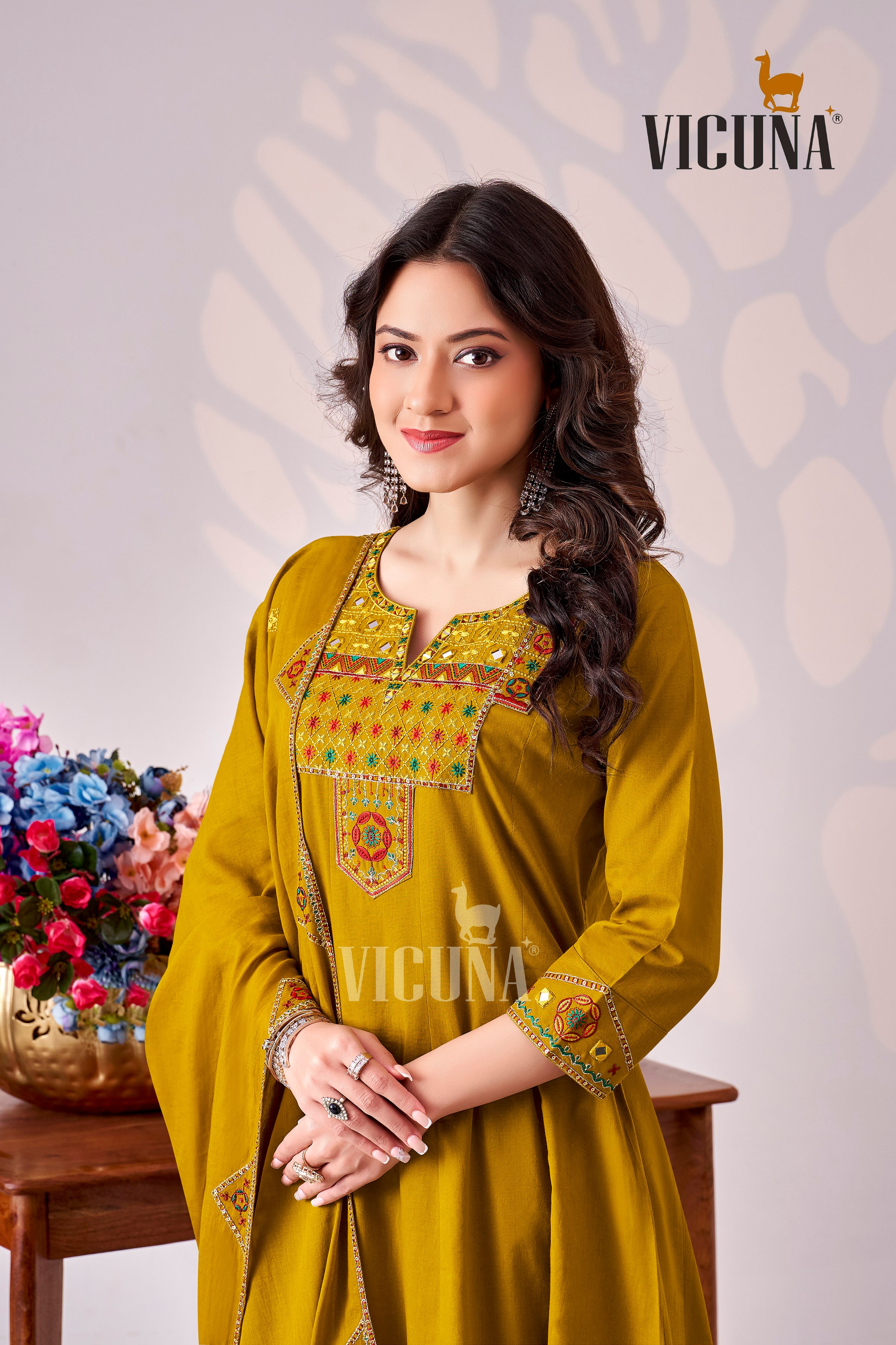Mustard Pure Cotton Mirror Work Suit Set