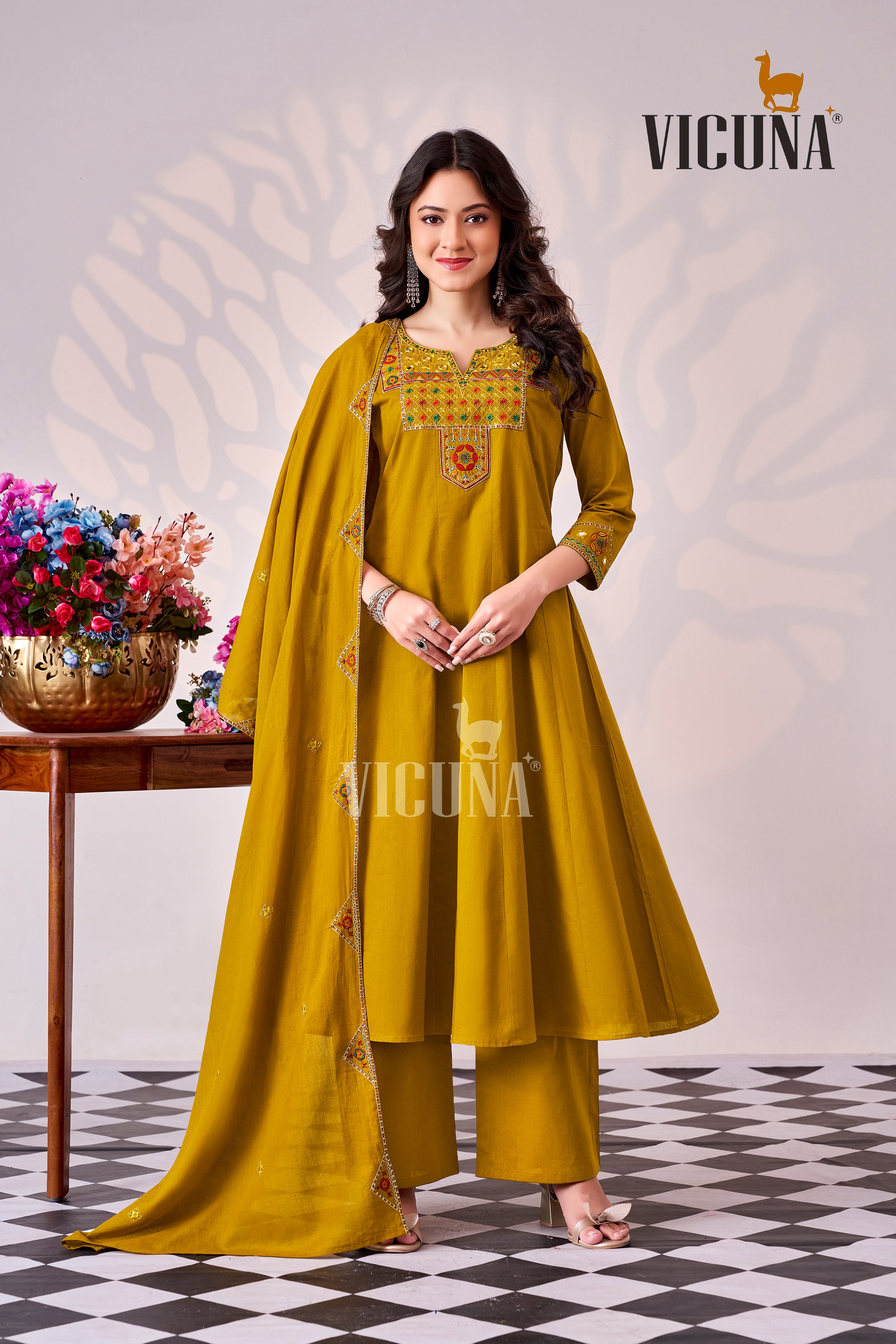 Mustard Pure Cotton Mirror Work Suit Set