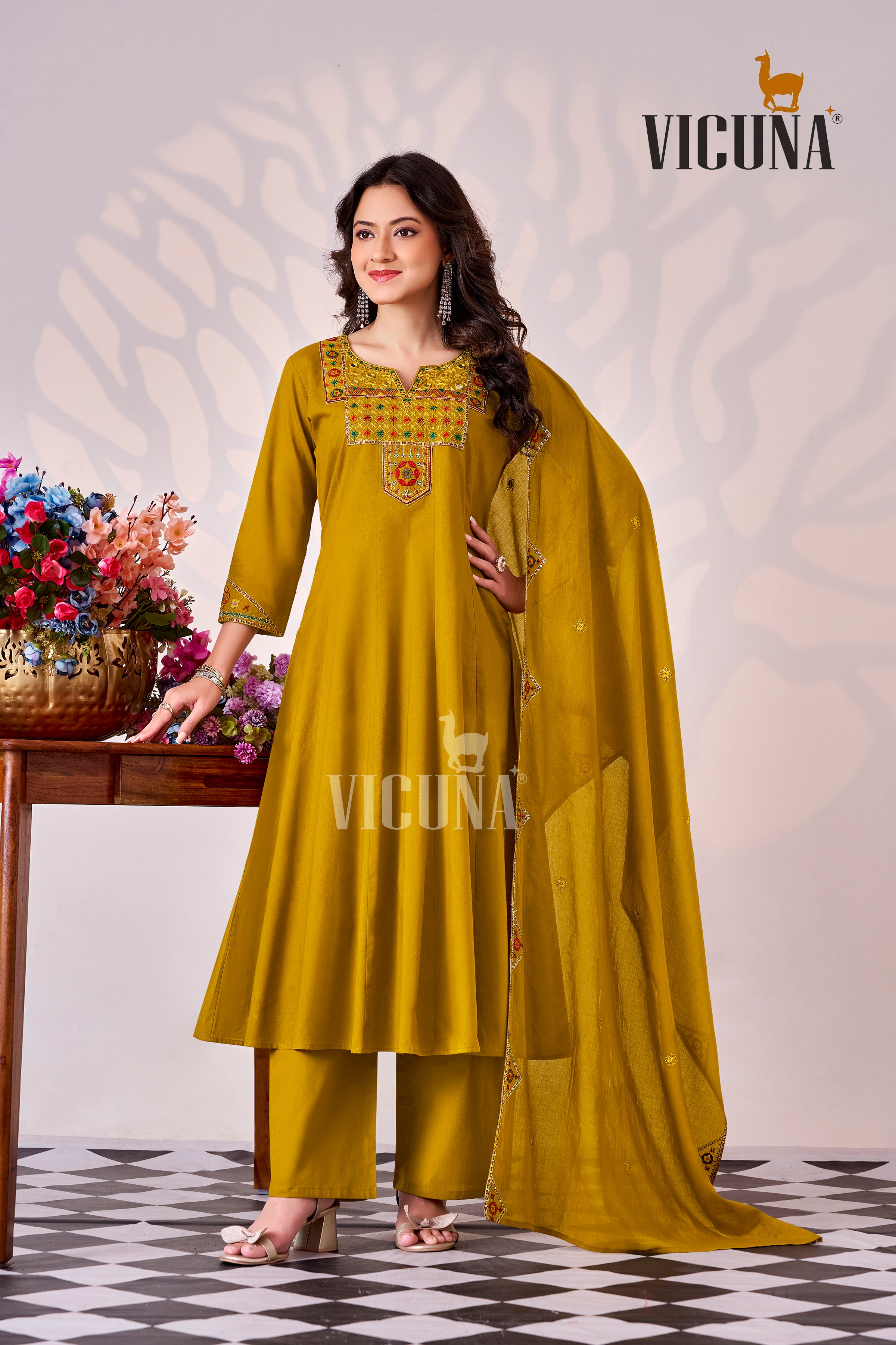 Mustard Pure Cotton Mirror Work Suit Set