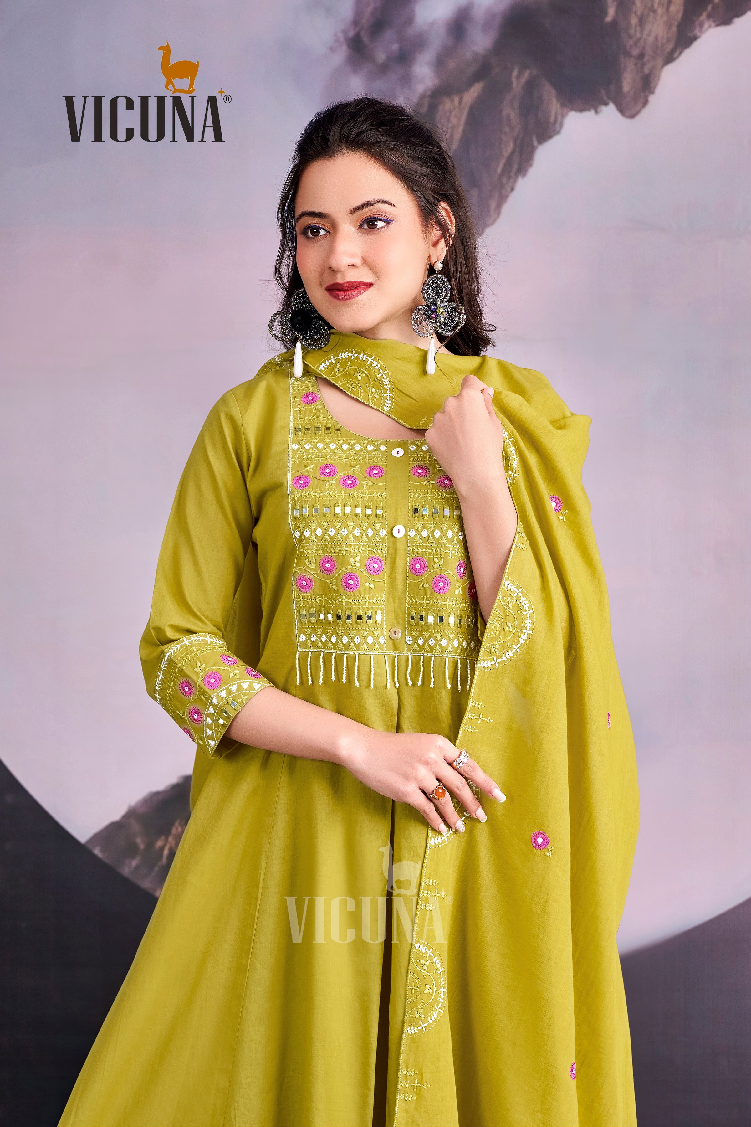 Lemon Pure Cotton Handcrafted Mirror Work Suit Set