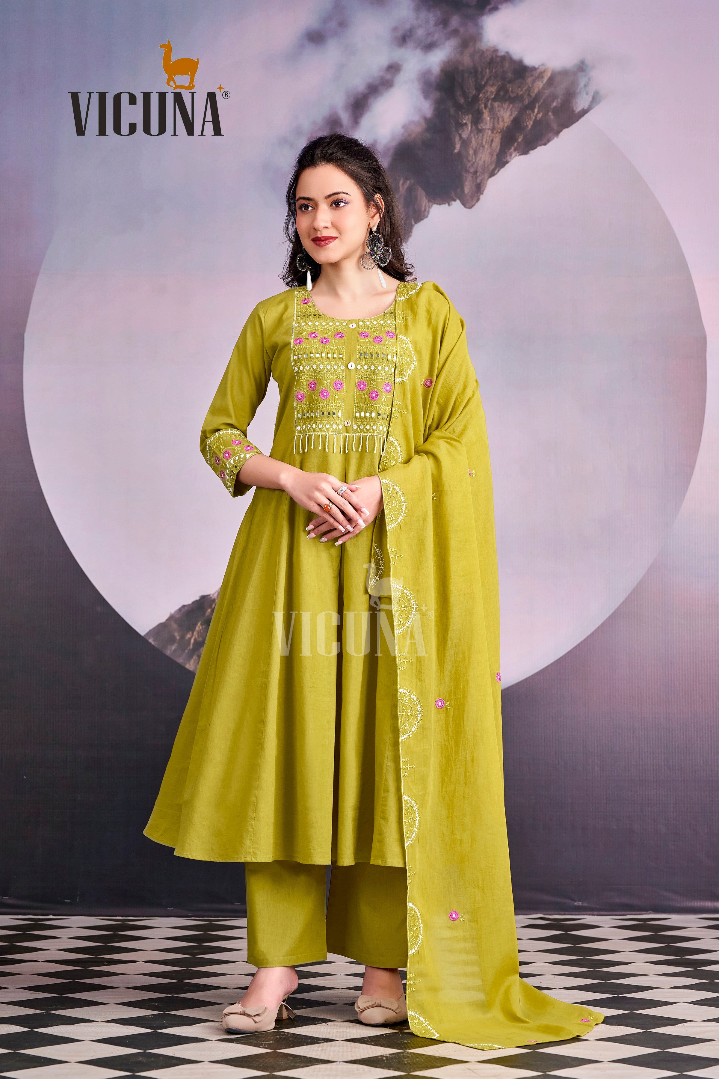 Lemon Pure Cotton Handcrafted Mirror Work Suit Set
