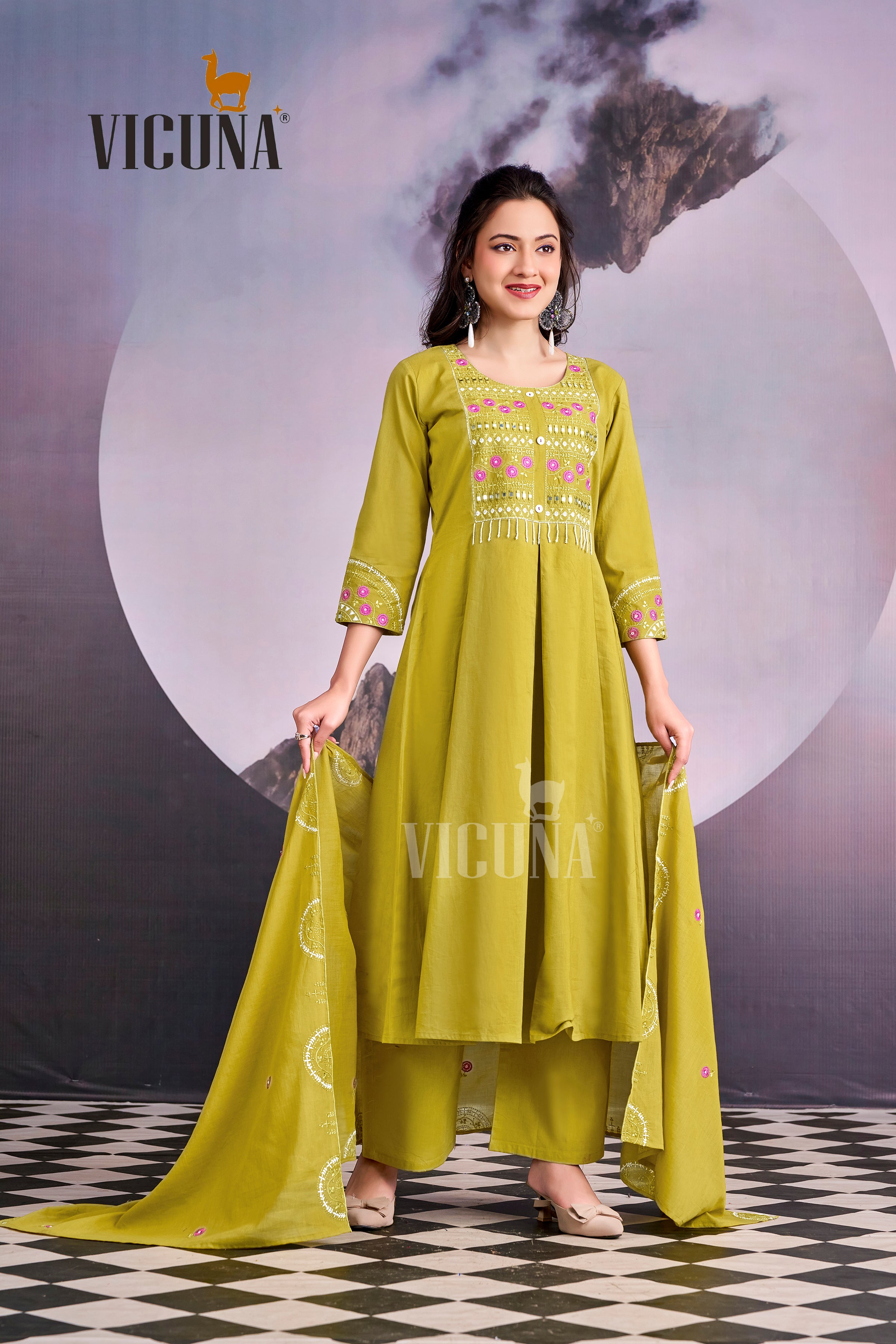 Lemon Pure Cotton Handcrafted Mirror Work Suit Set