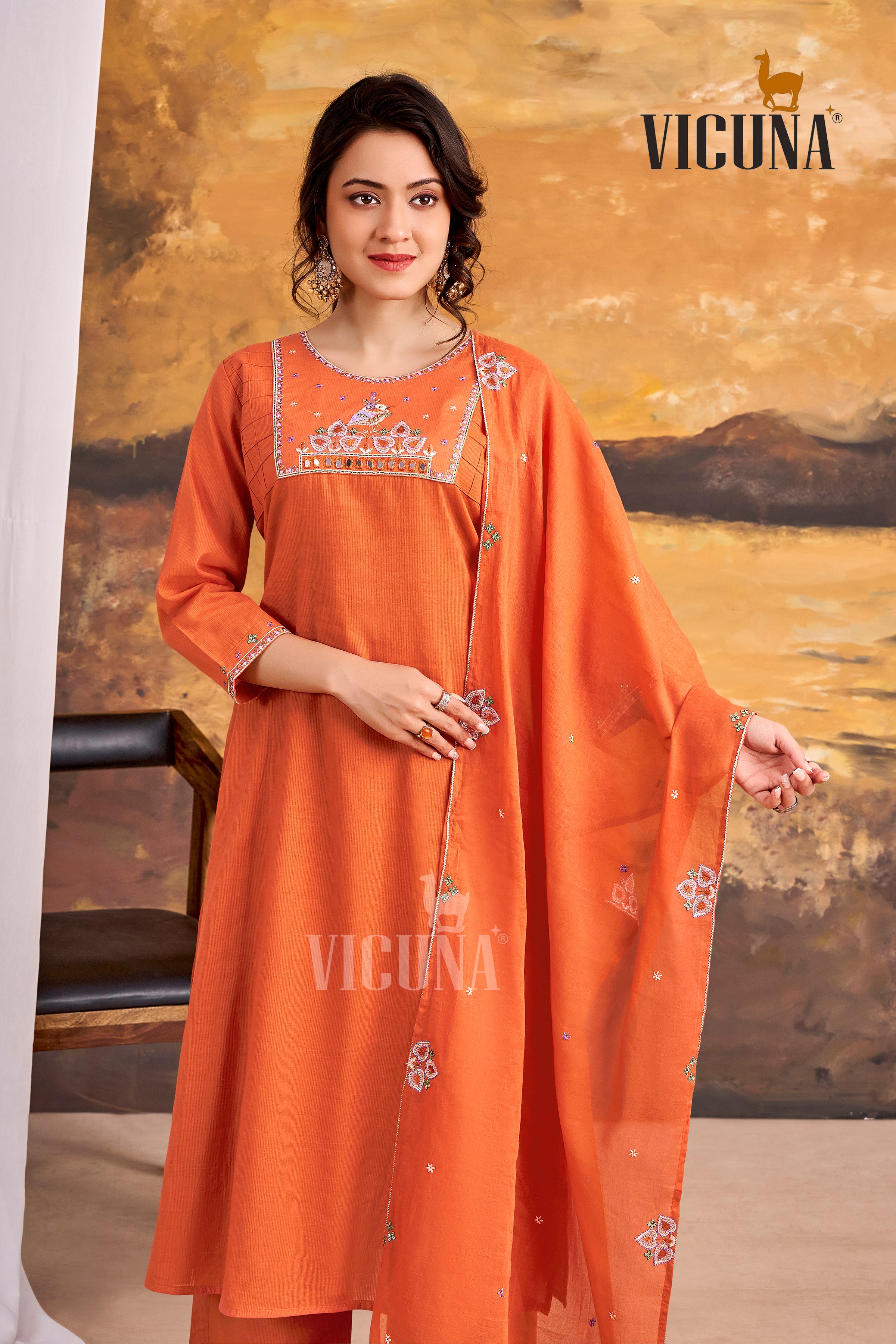 Rust Pure Cotton A-Line Mirror Work Suit Set