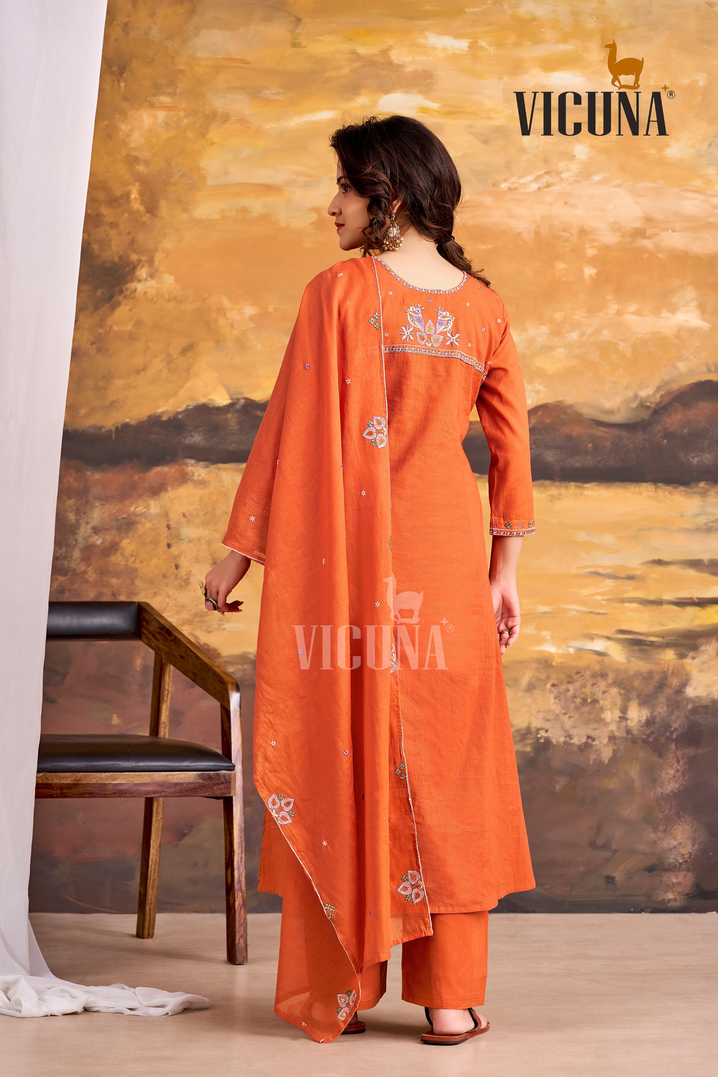 Rust Pure Cotton A-Line Mirror Work Suit Set