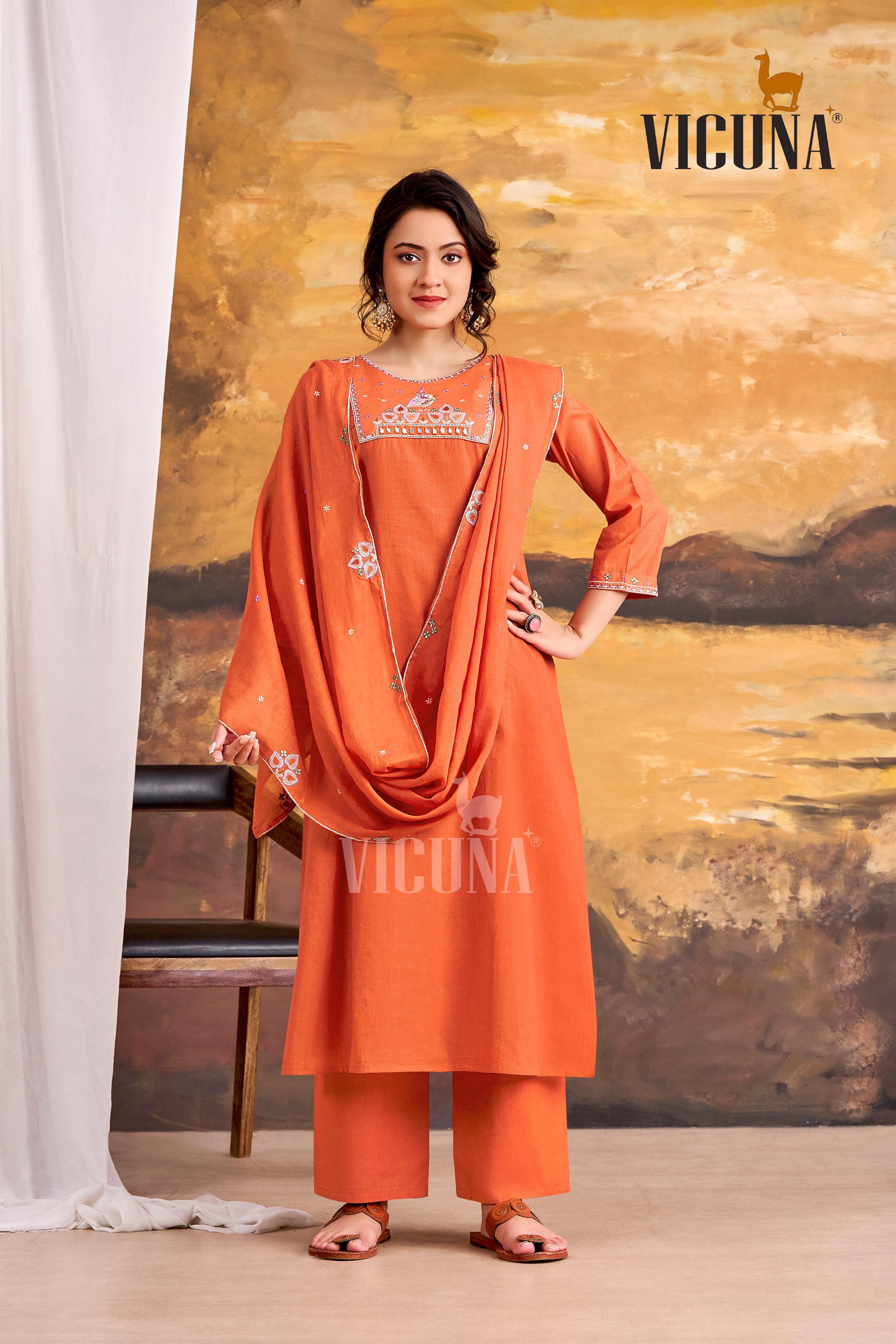 Rust Pure Cotton A-Line Mirror Work Suit Set
