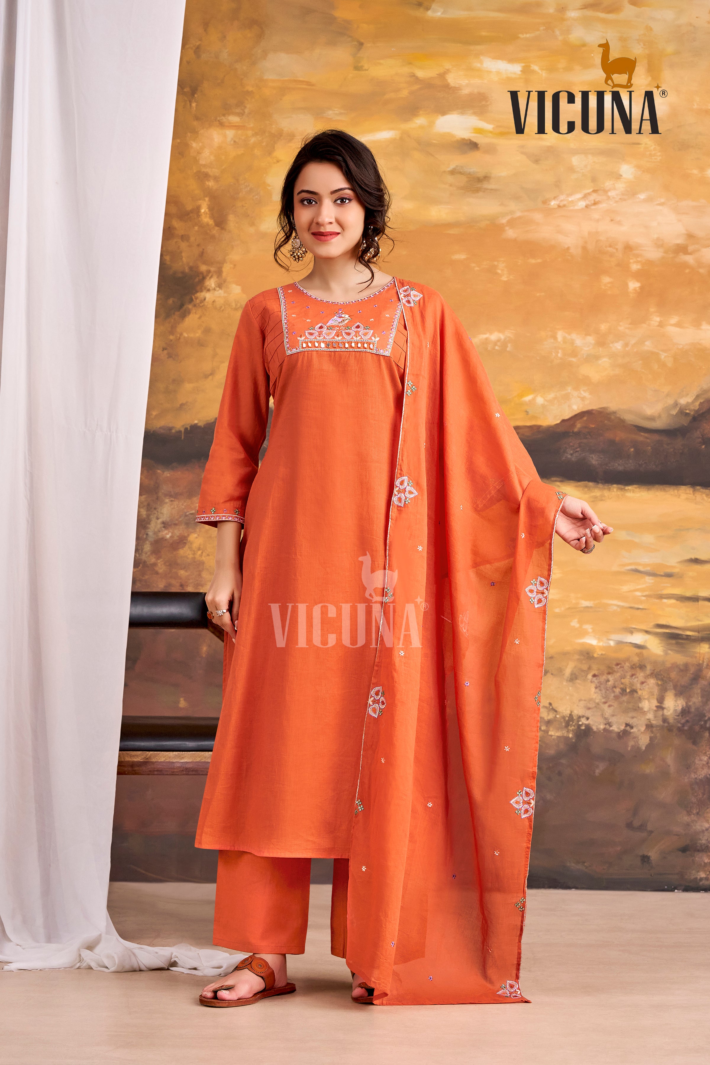 Rust Pure Cotton A-Line Mirror Work Suit Set