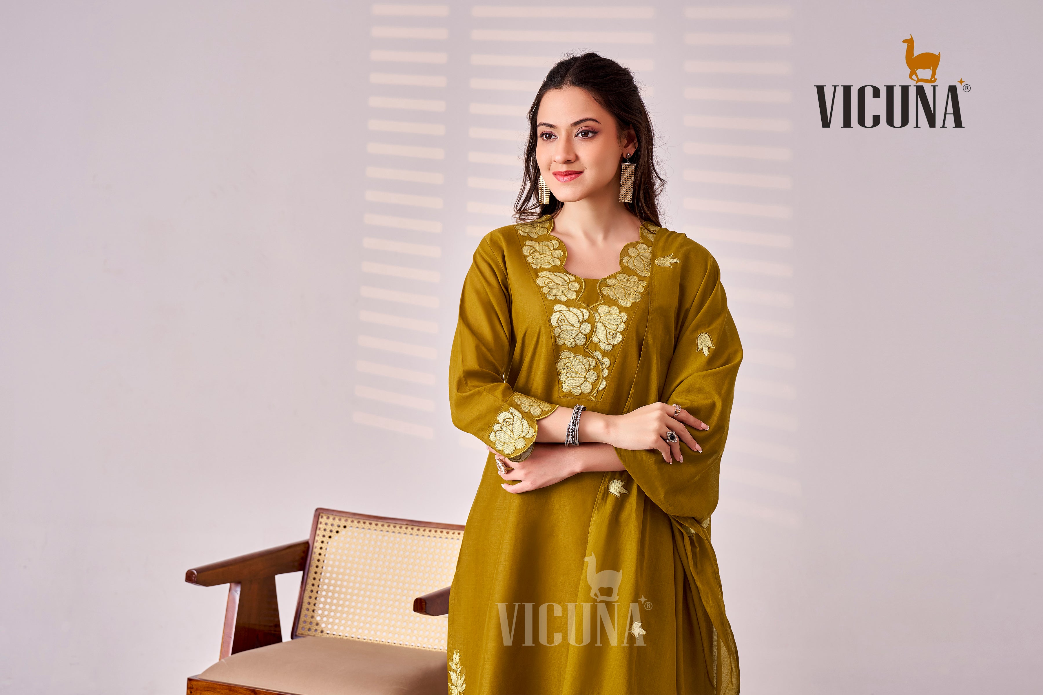 Pure Cotton Embroidered Suit Set in Rust, Mustard & Gray