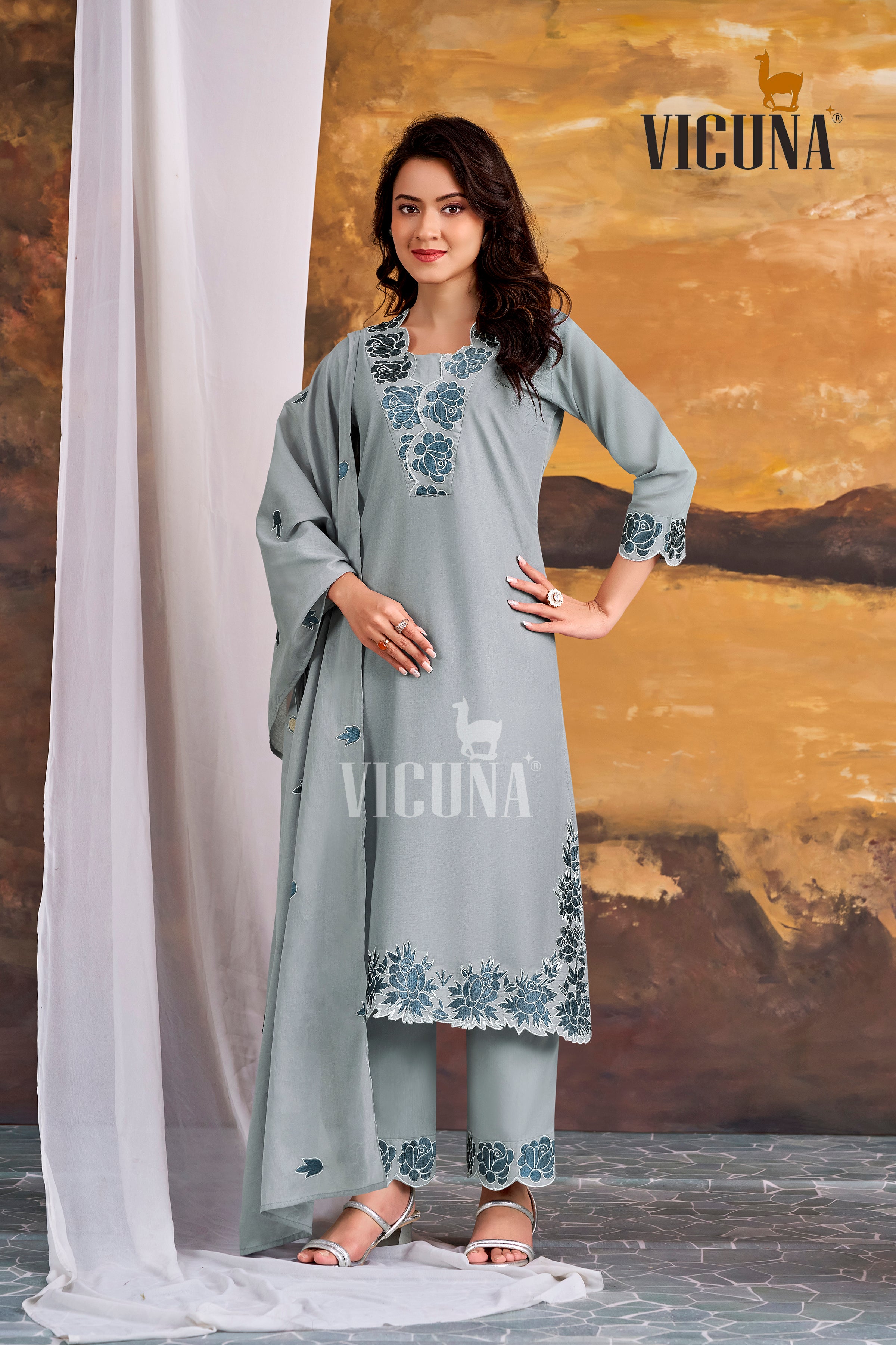 Pure Cotton Embroidered Suit Set in Rust, Mustard & Gray