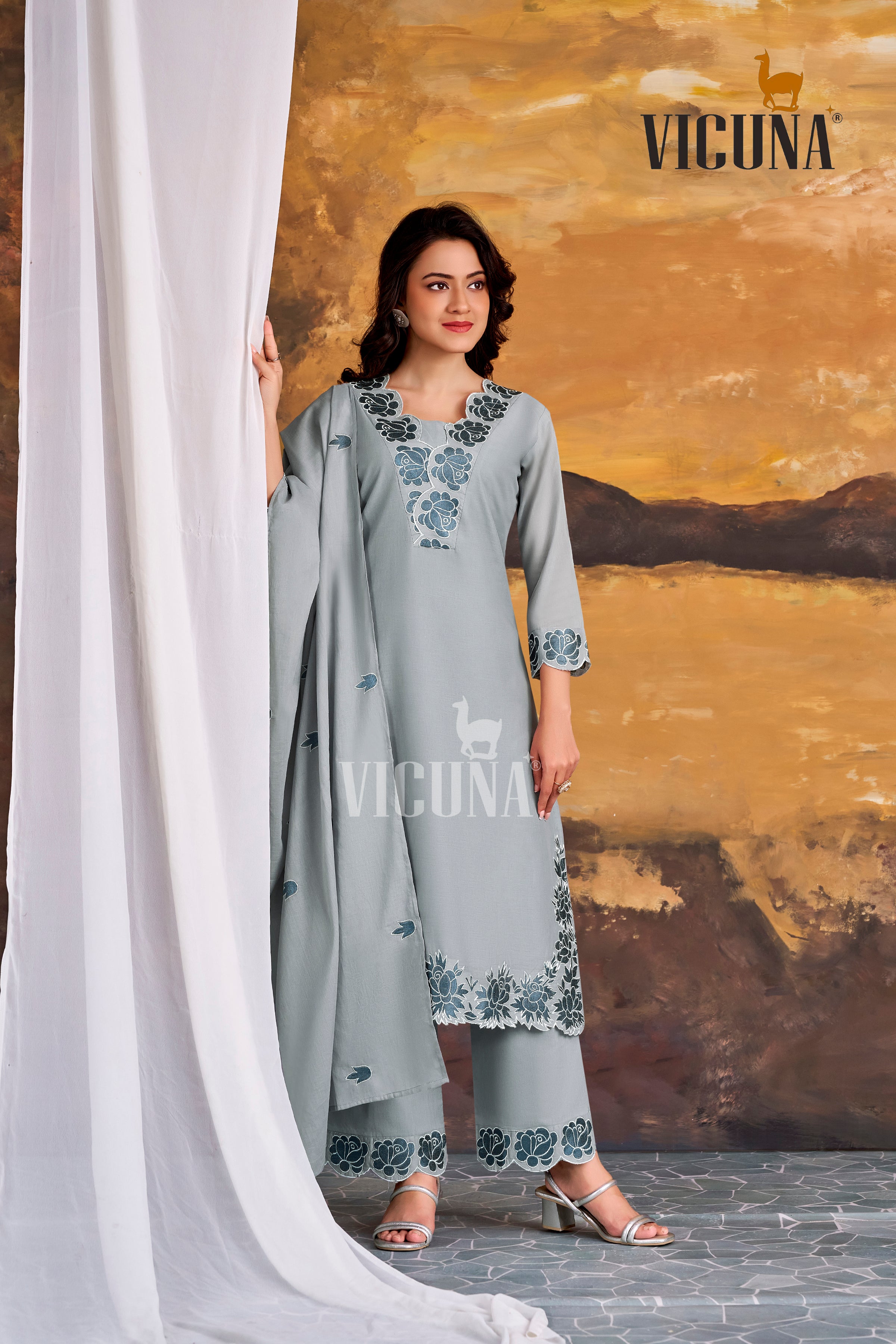 Pure Cotton Embroidered Suit Set in Rust, Mustard & Gray