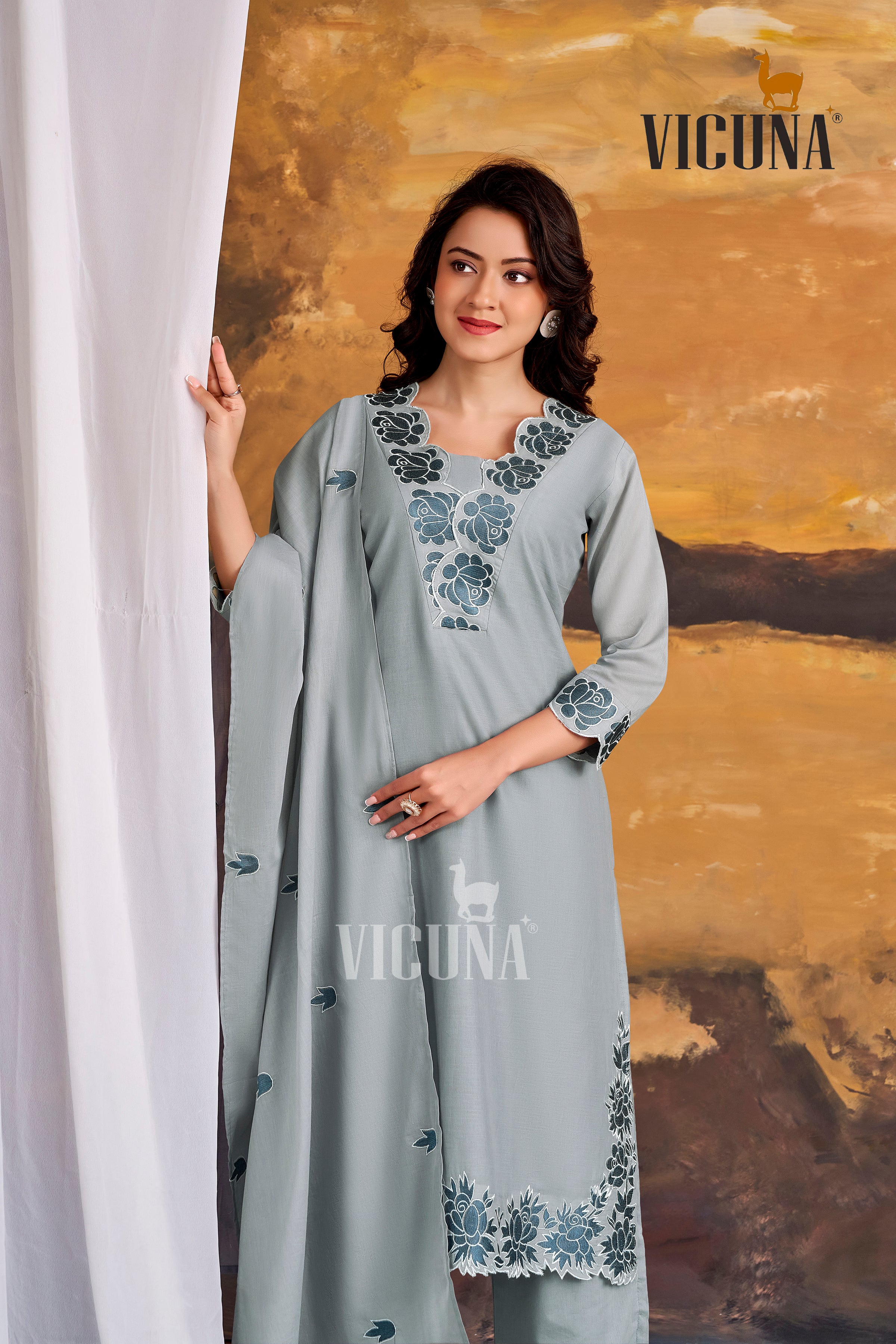 Pure Cotton Embroidered Suit Set in Rust, Mustard & Gray