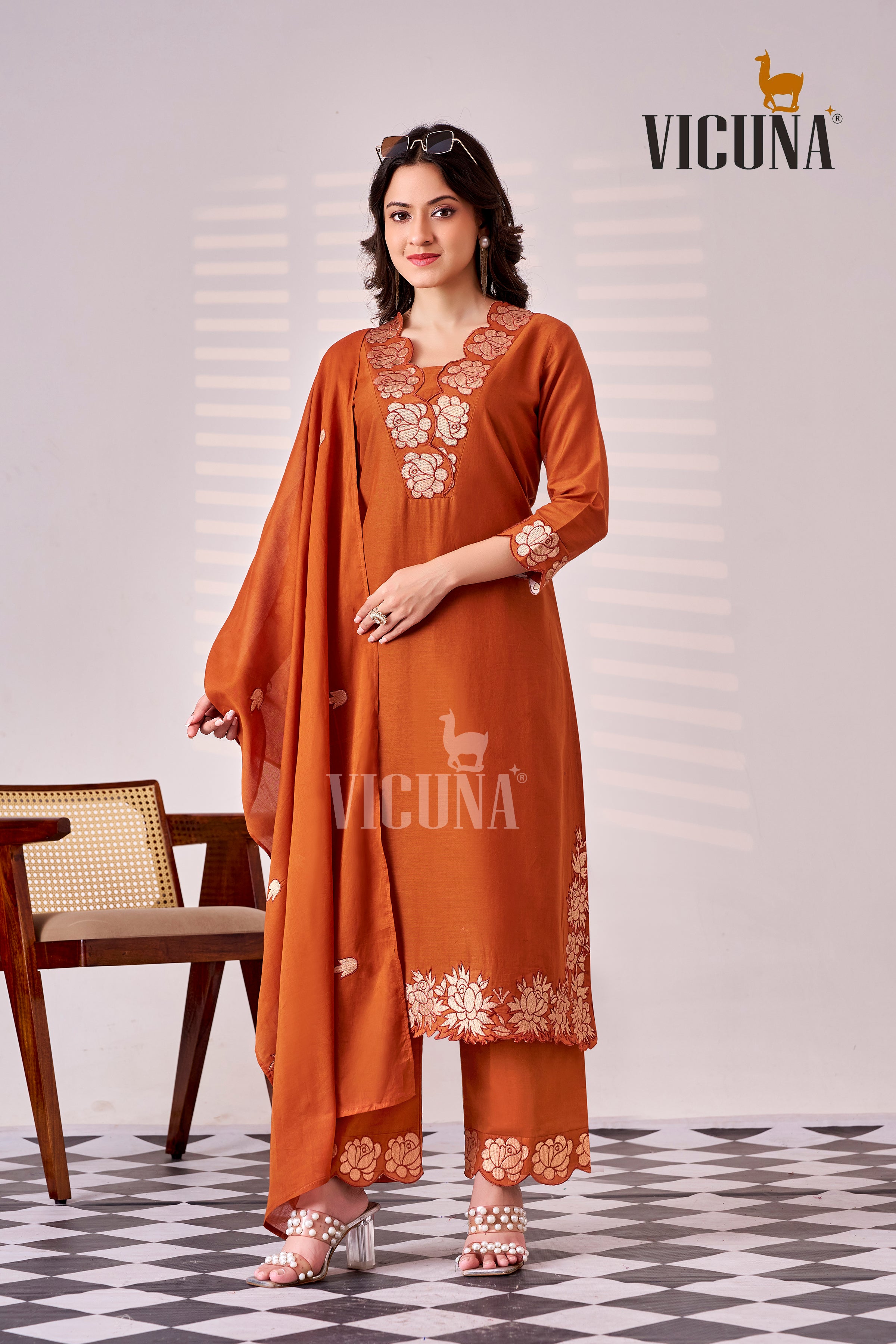 Pure Cotton Embroidered Suit Set in Rust, Mustard & Gray