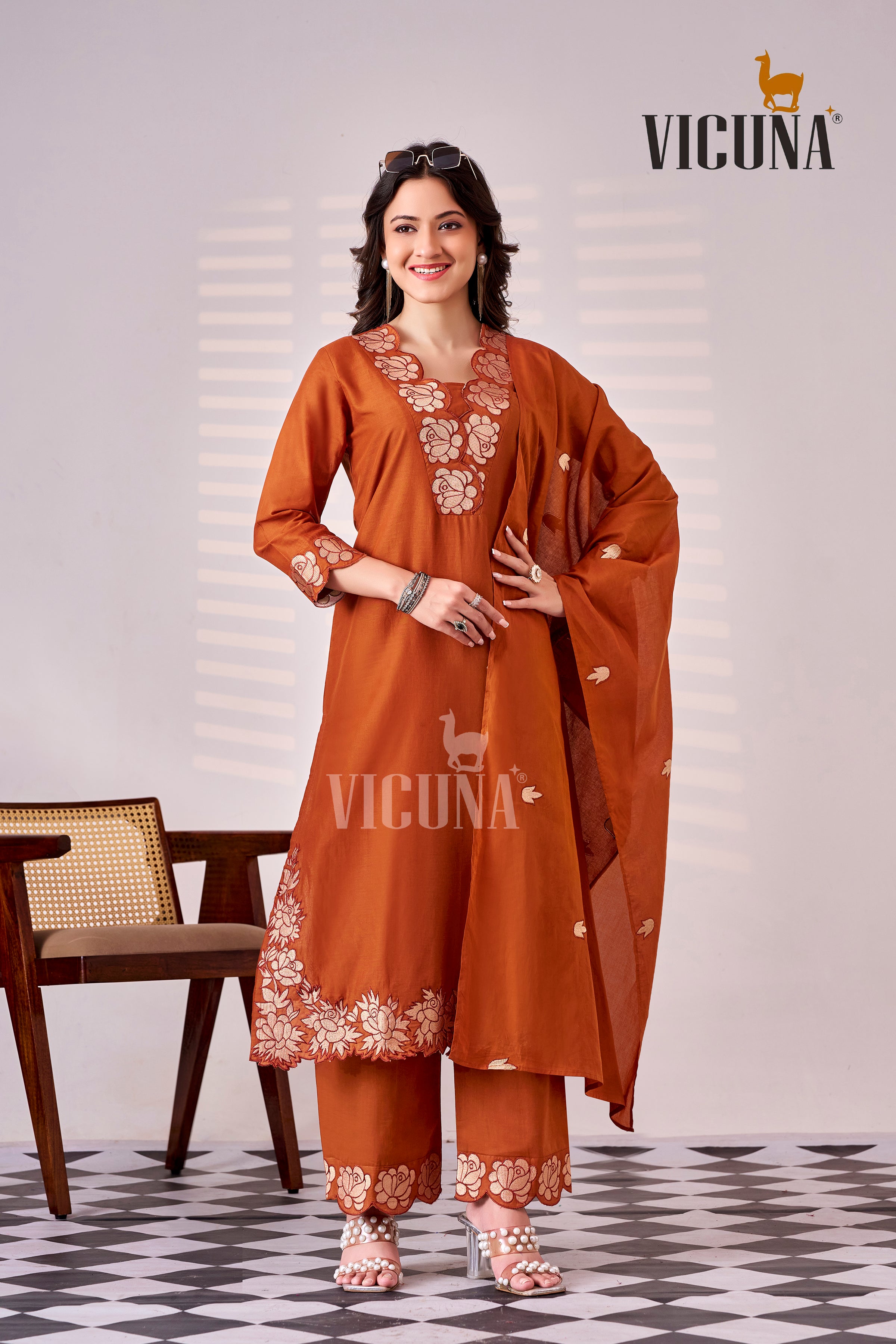 Pure Cotton Embroidered Suit Set in Rust, Mustard & Gray