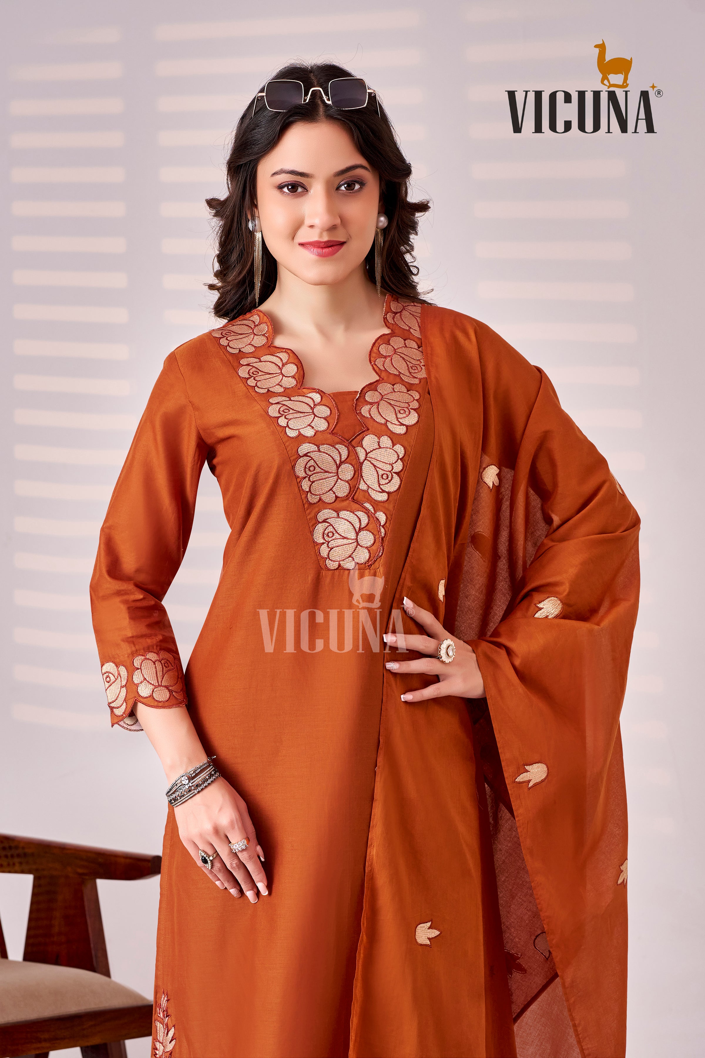 Pure Cotton Embroidered Suit Set in Rust, Mustard & Gray