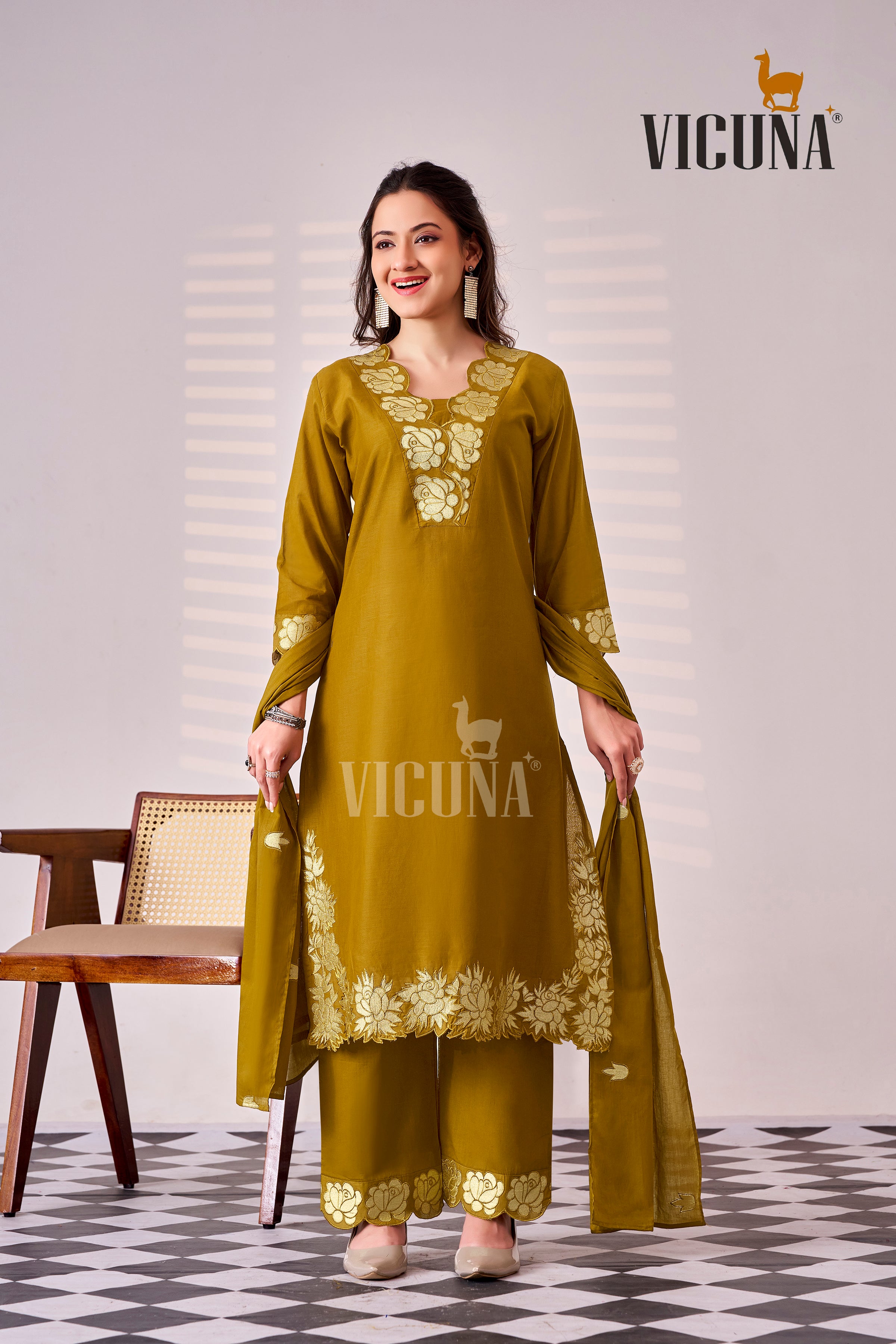 Pure Cotton Embroidered Suit Set in Rust, Mustard & Gray