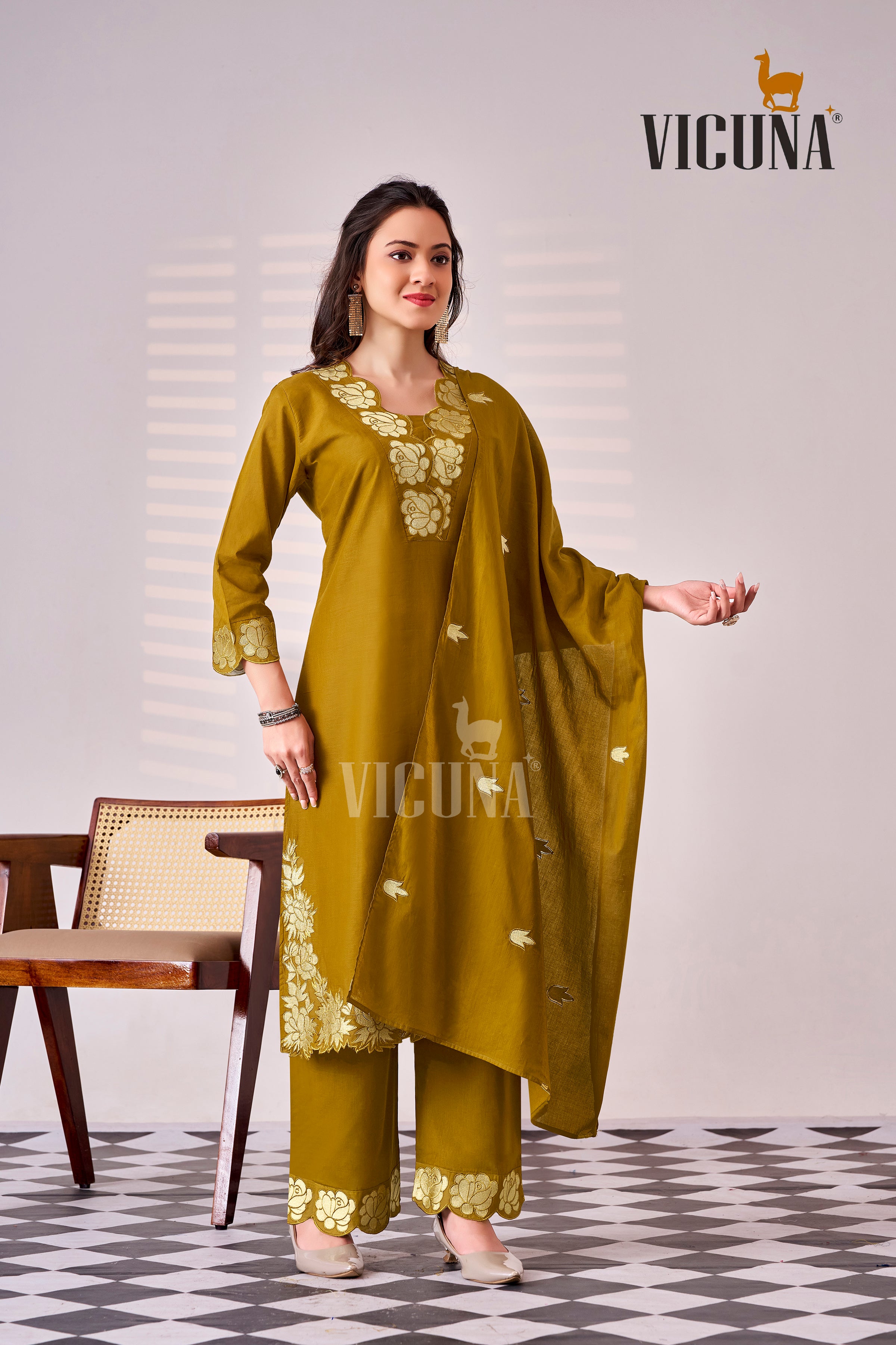 Pure Cotton Embroidered Suit Set in Rust, Mustard & Gray