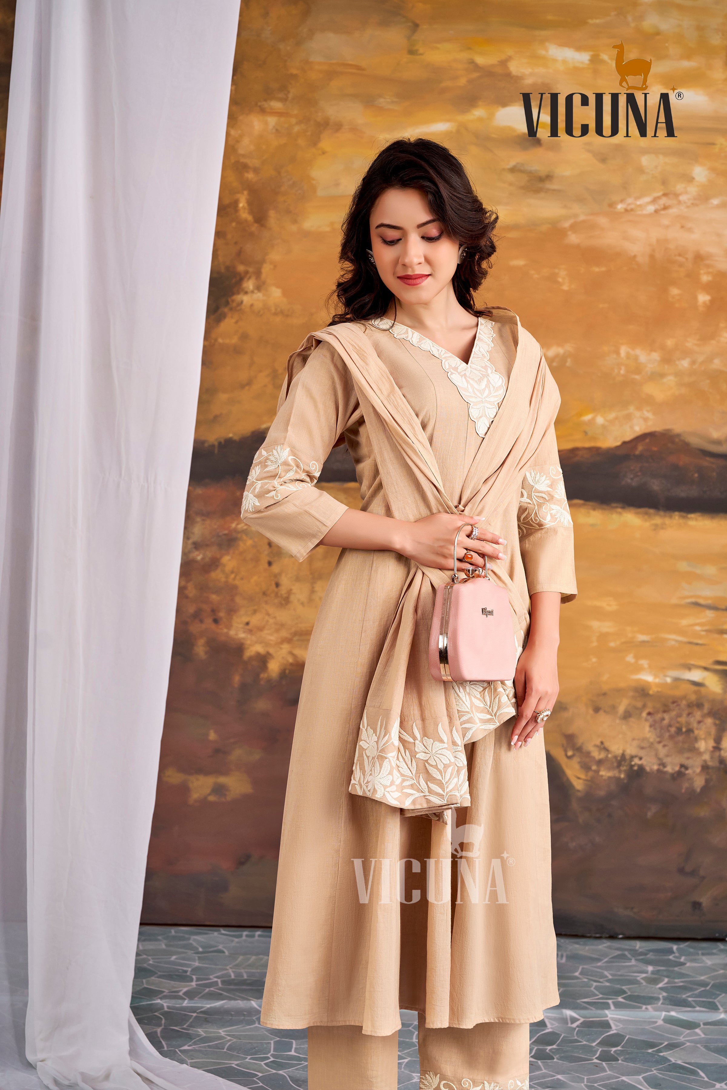 Pure Cotton Embroidered Suit Set in Chiku & Pista