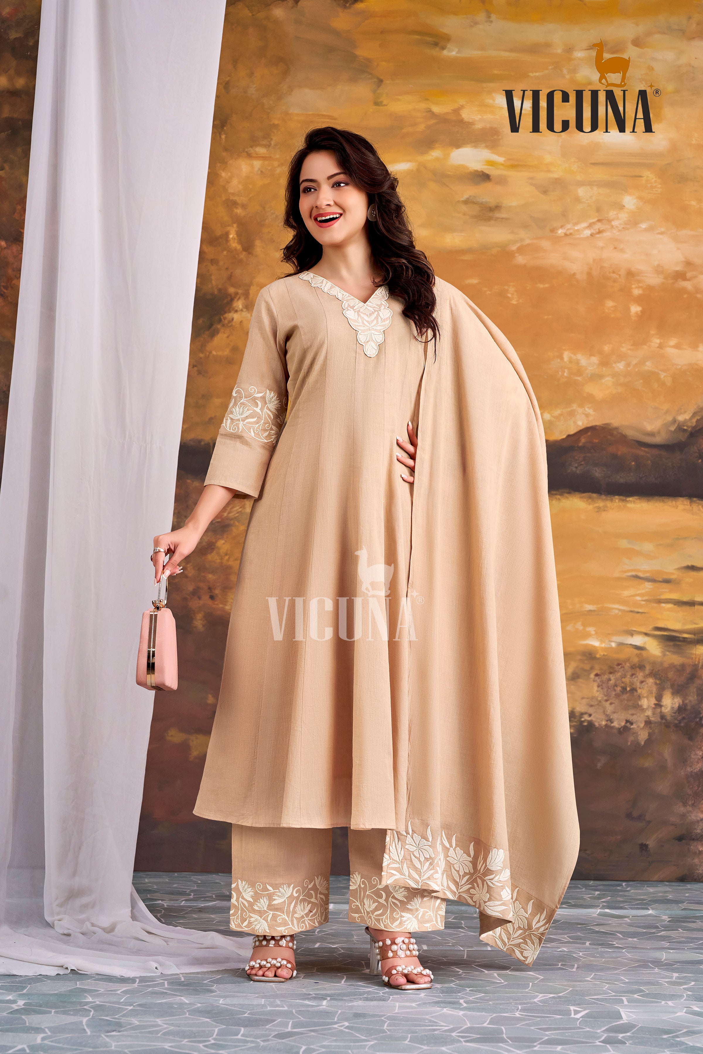 Pure Cotton Embroidered Suit Set in Chiku & Pista