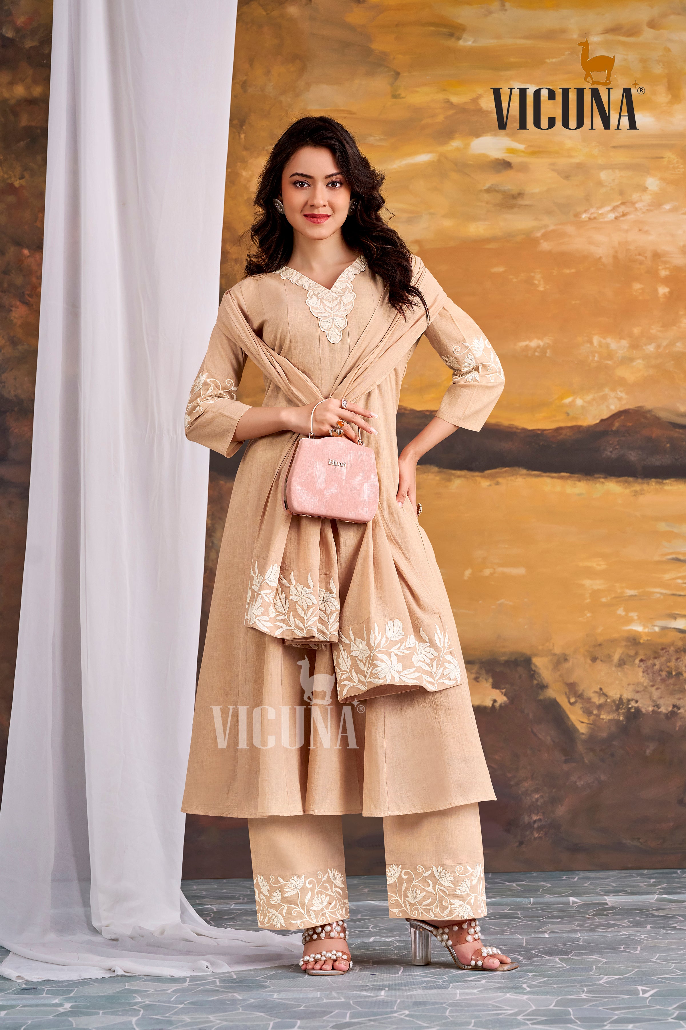 Pure Cotton Embroidered Suit Set in Chiku & Pista