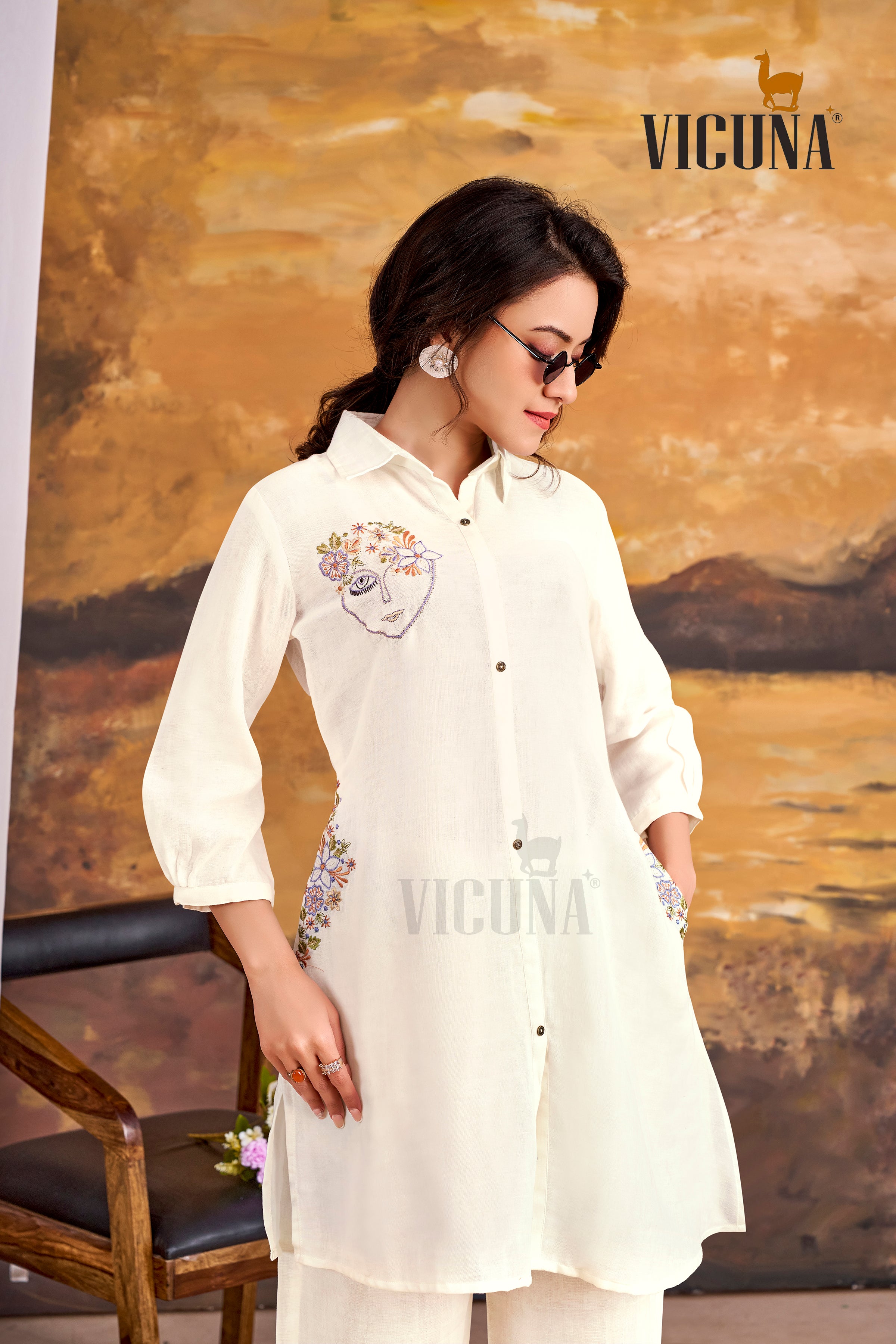 Double Cloth Cotton Short Co-ord Set with Mirror Work in Blue, White & Green