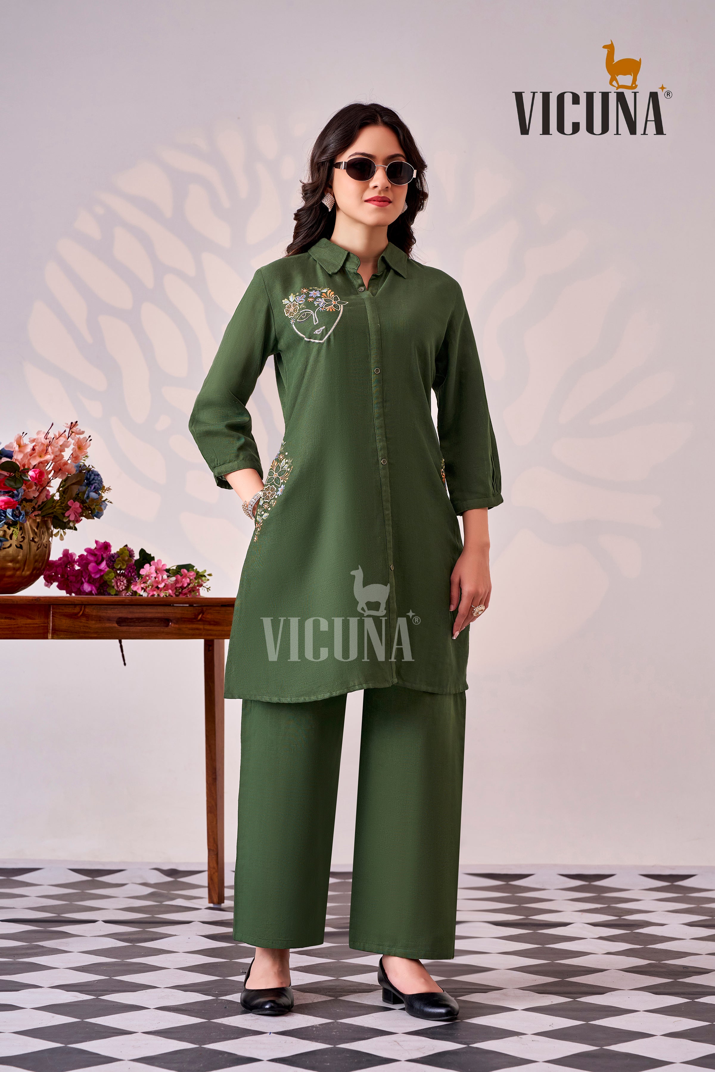 Double Cloth Cotton Short Co-ord Set with Mirror Work in Blue, White & Green