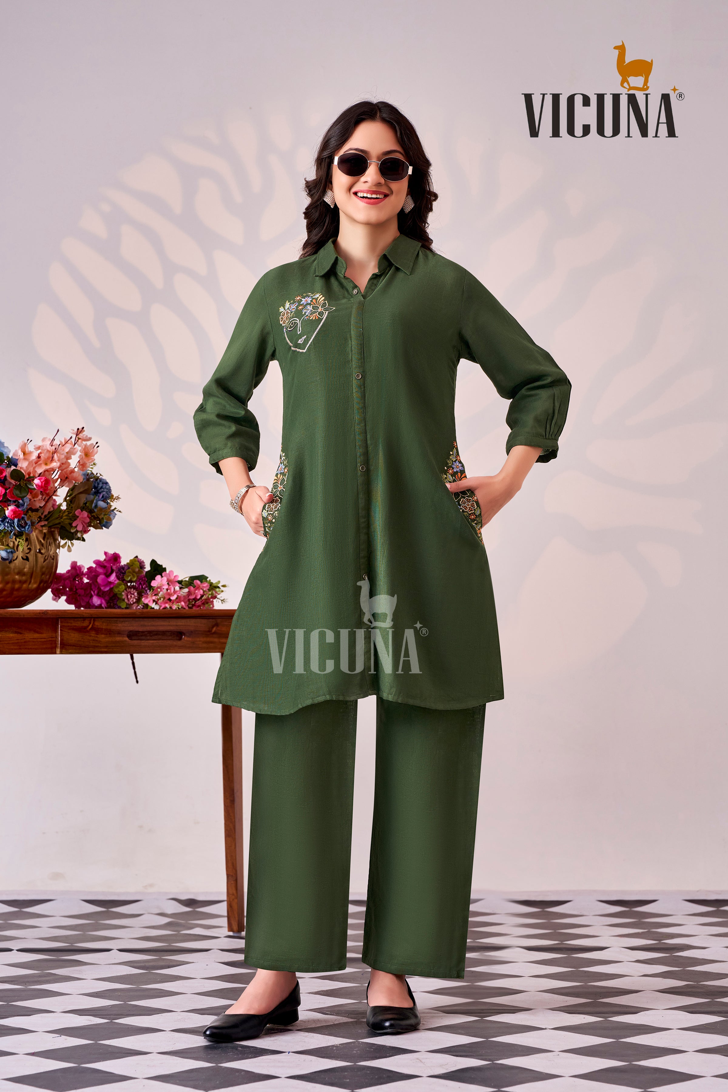 Double Cloth Cotton Short Co-ord Set with Mirror Work in Blue, White & Green